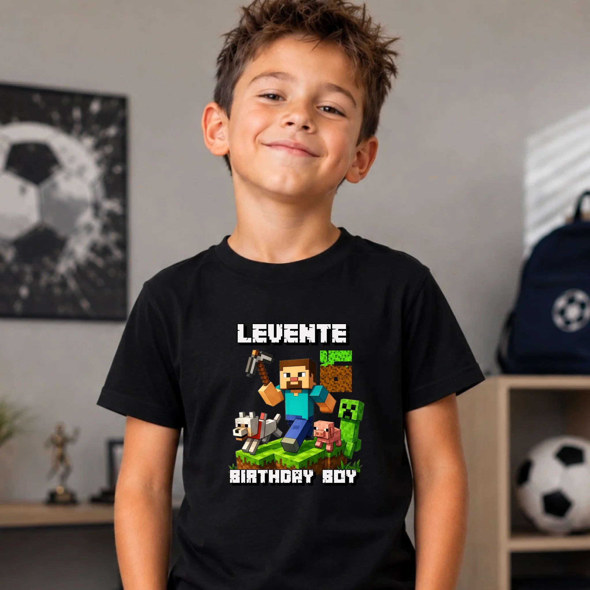 Minecraft szülinapi gyerek póló egyedi névvel és szülinapi számmal