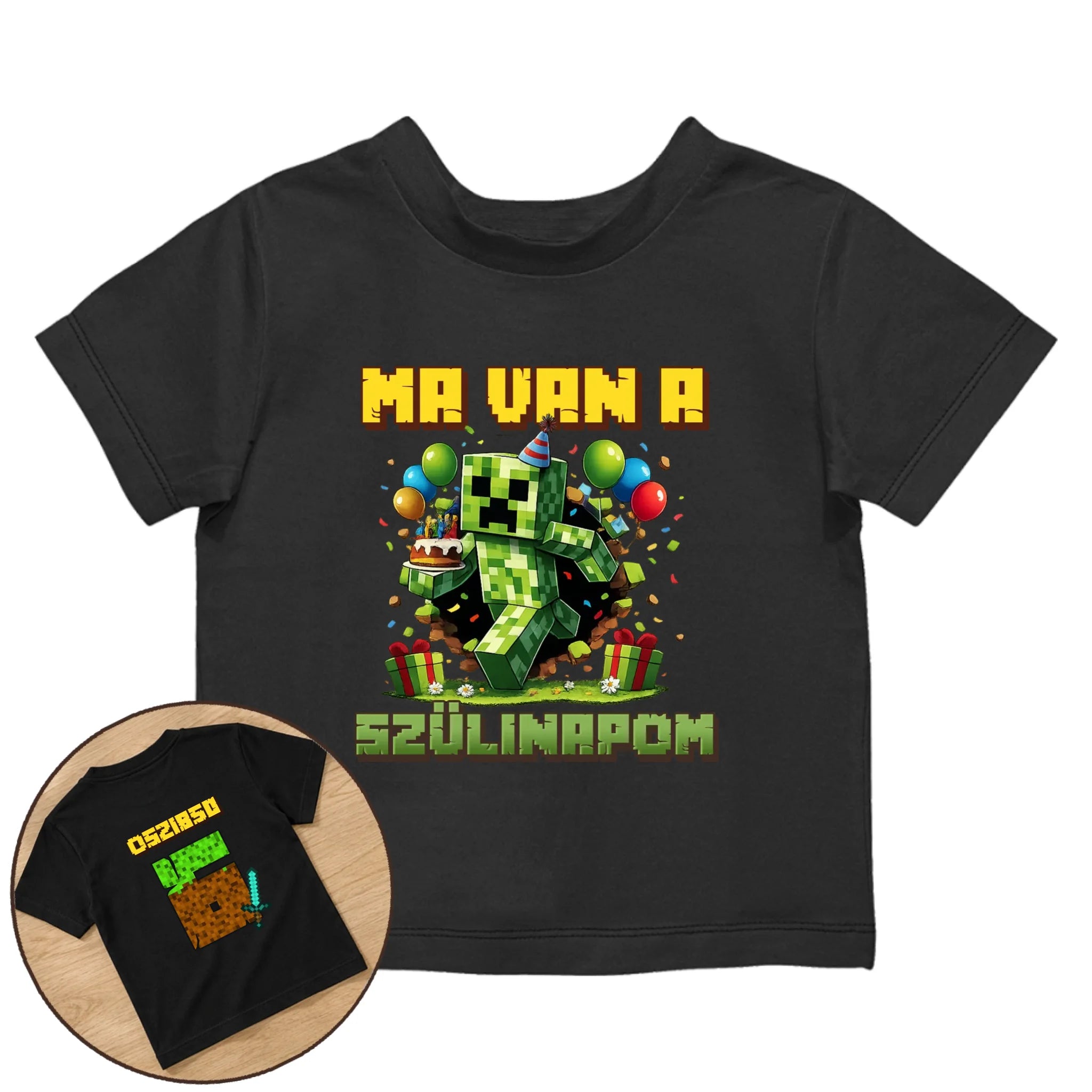 Minecraft szülinapi gyerek póló kétoldalas nyomtatással egyedi névvel és szülinapi számmal