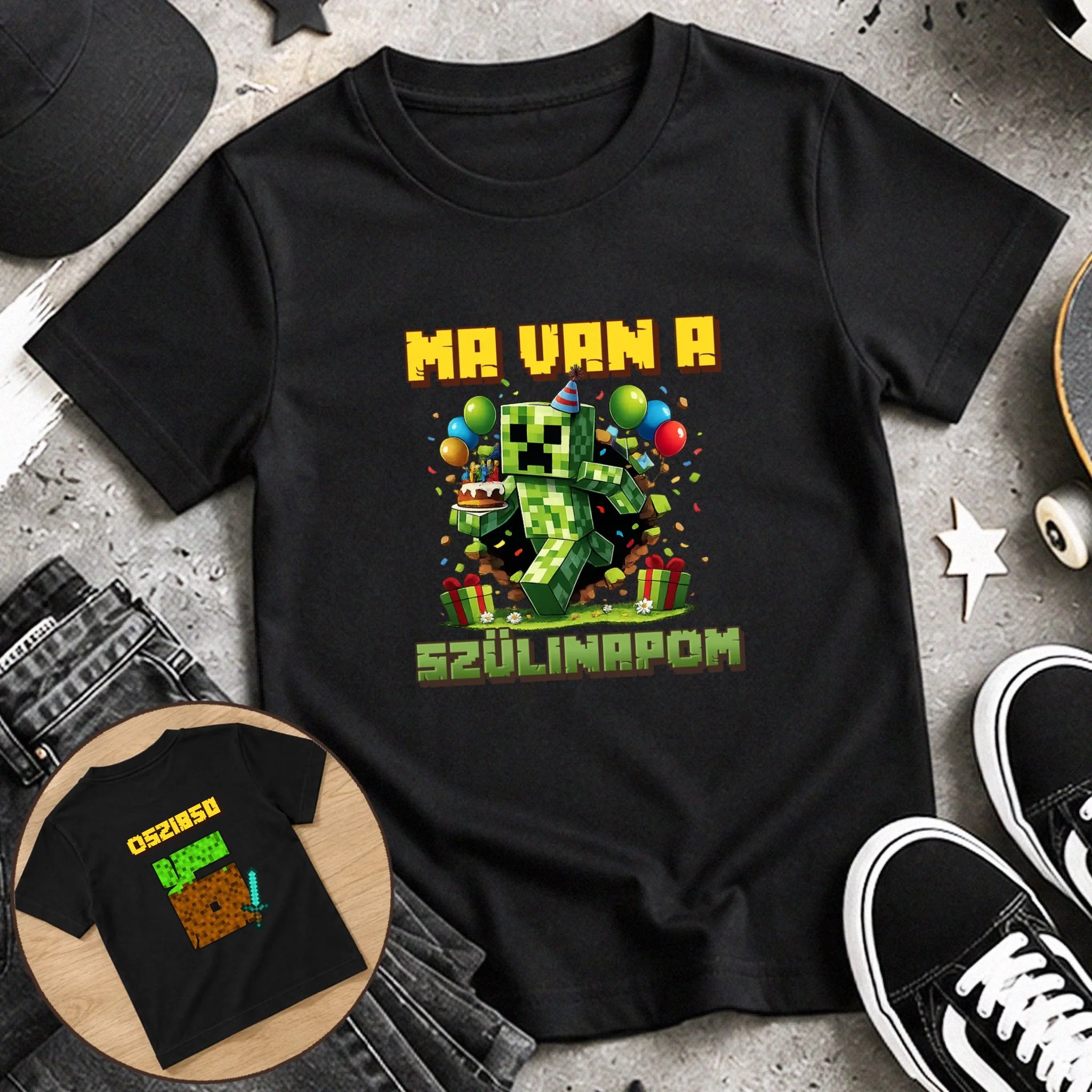 Minecraft szülinapi gyerek póló kétoldalas nyomtatással egyedi névvel és szülinapi számmal