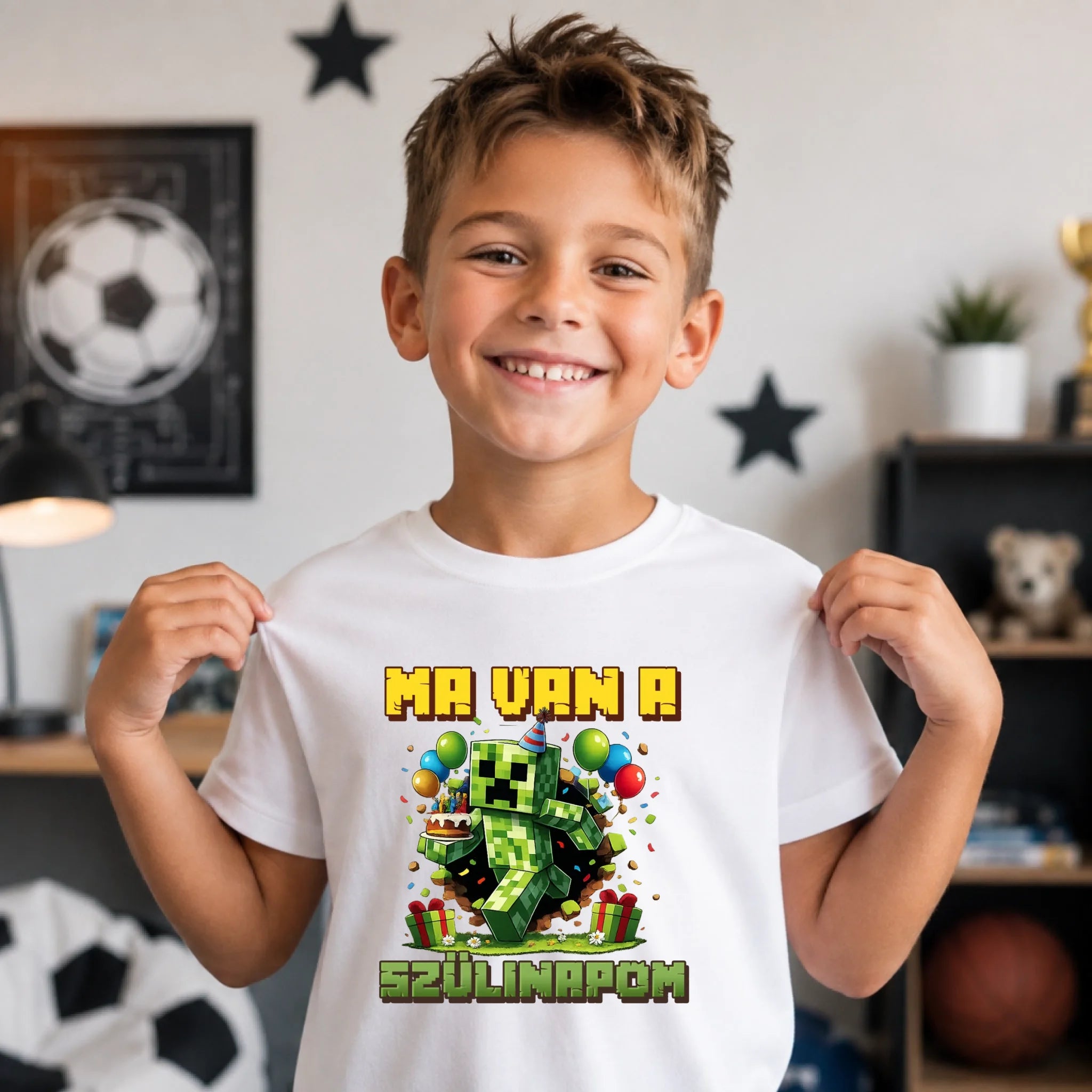 Minecraft szülinapi gyerek póló kétoldalas nyomtatással egyedi névvel és szülinapi számmal