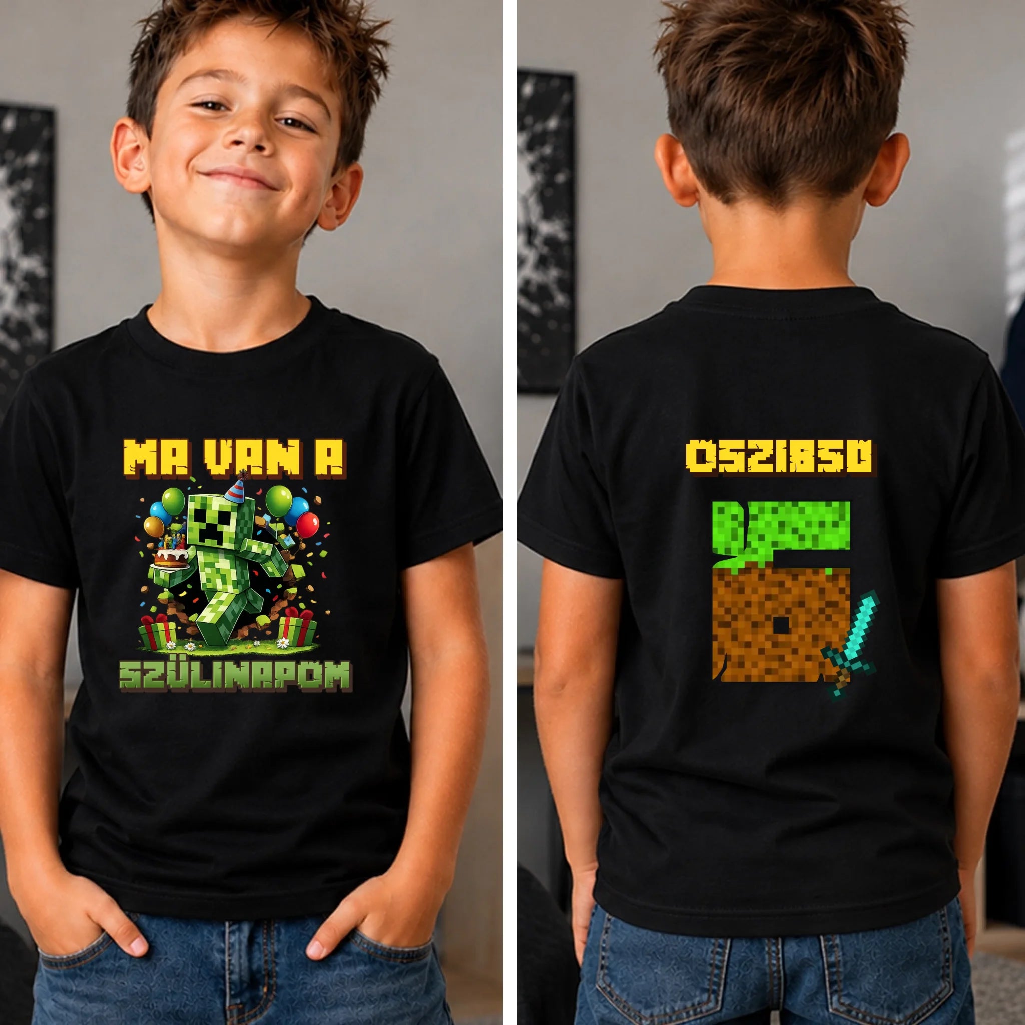 Minecraft szülinapi gyerek póló kétoldalas nyomtatással egyedi névvel és szülinapi számmal