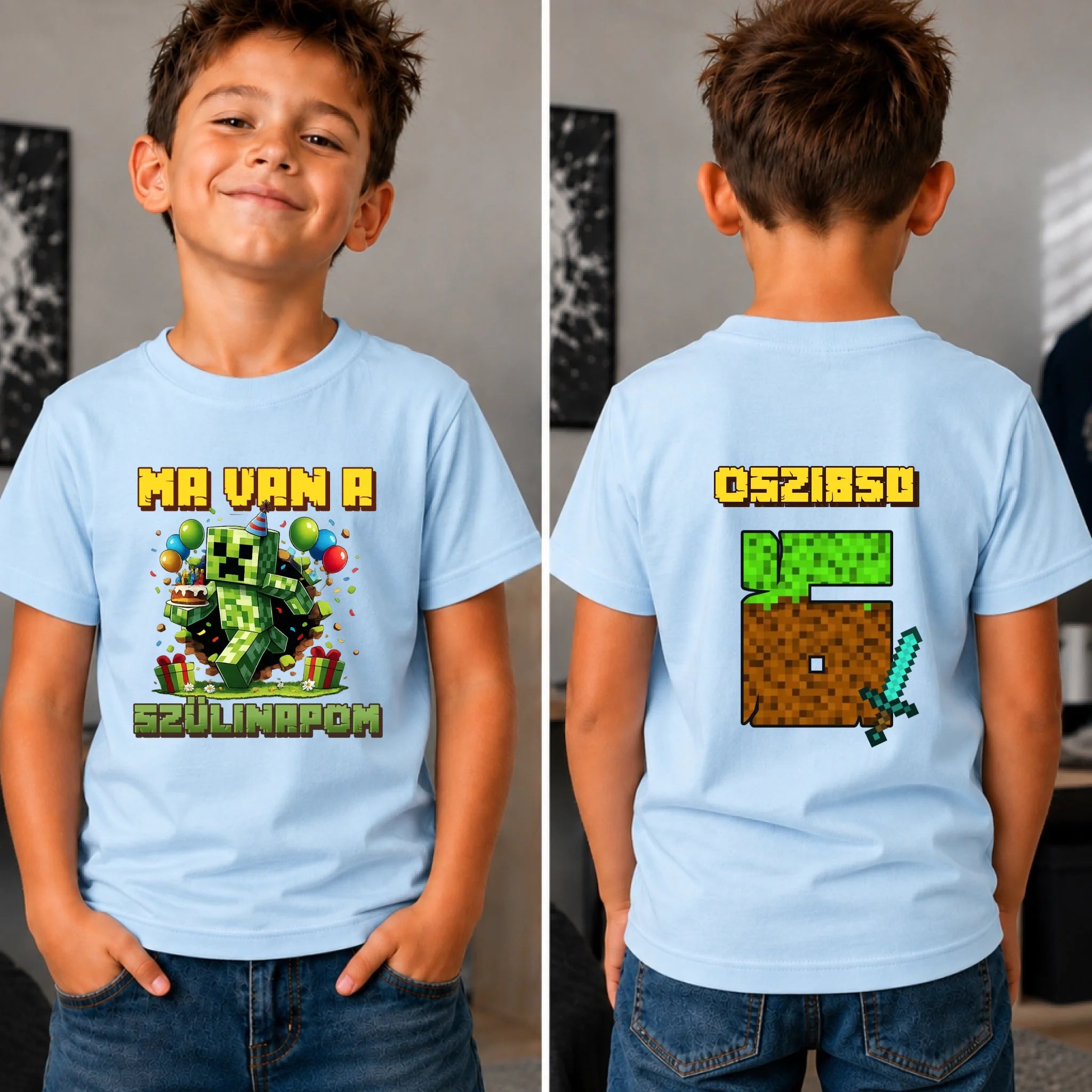 Minecraft szülinapi gyerek póló kétoldalas nyomtatással egyedi névvel és szülinapi számmal