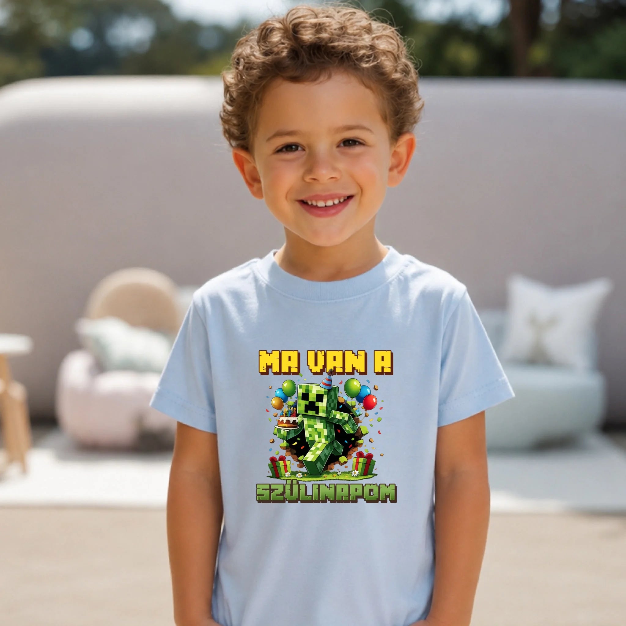 Minecraft szülinapi gyerek póló kétoldalas nyomtatással egyedi névvel és szülinapi számmal