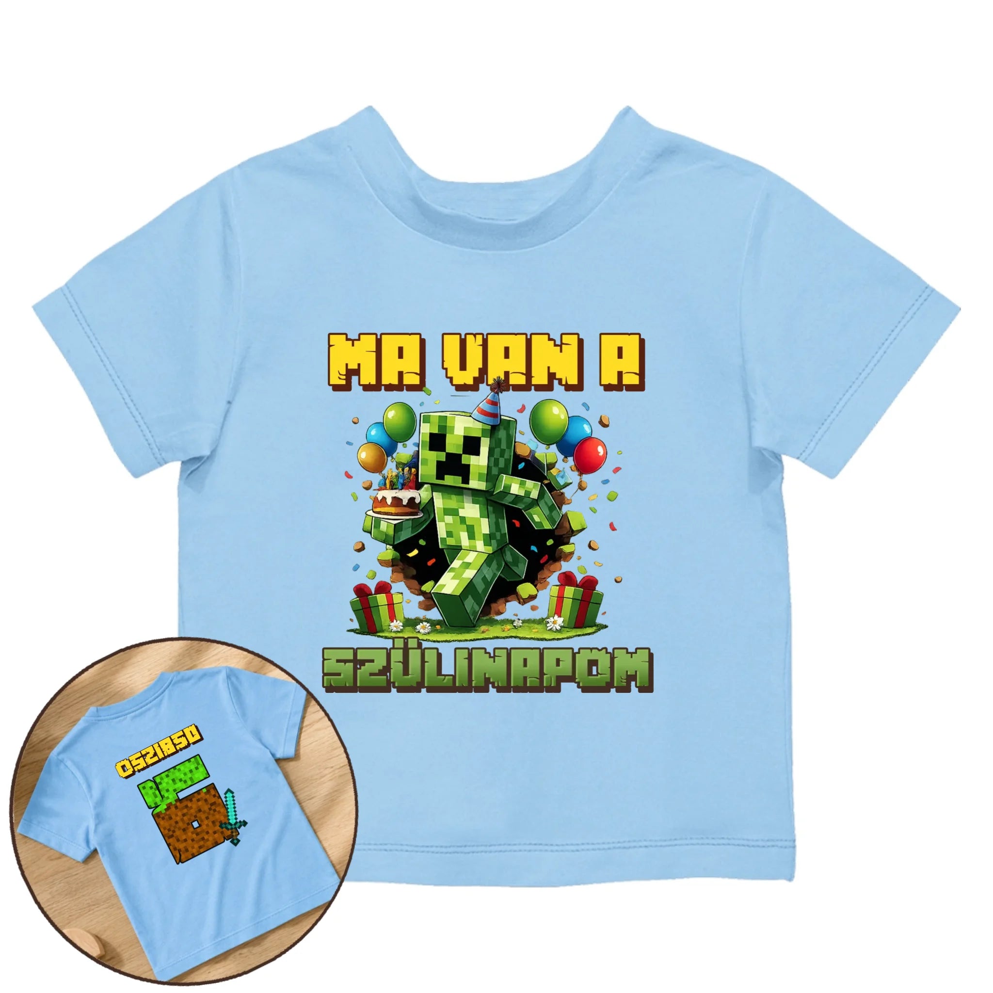 Minecraft szülinapi gyerek póló kétoldalas nyomtatással egyedi névvel és szülinapi számmal