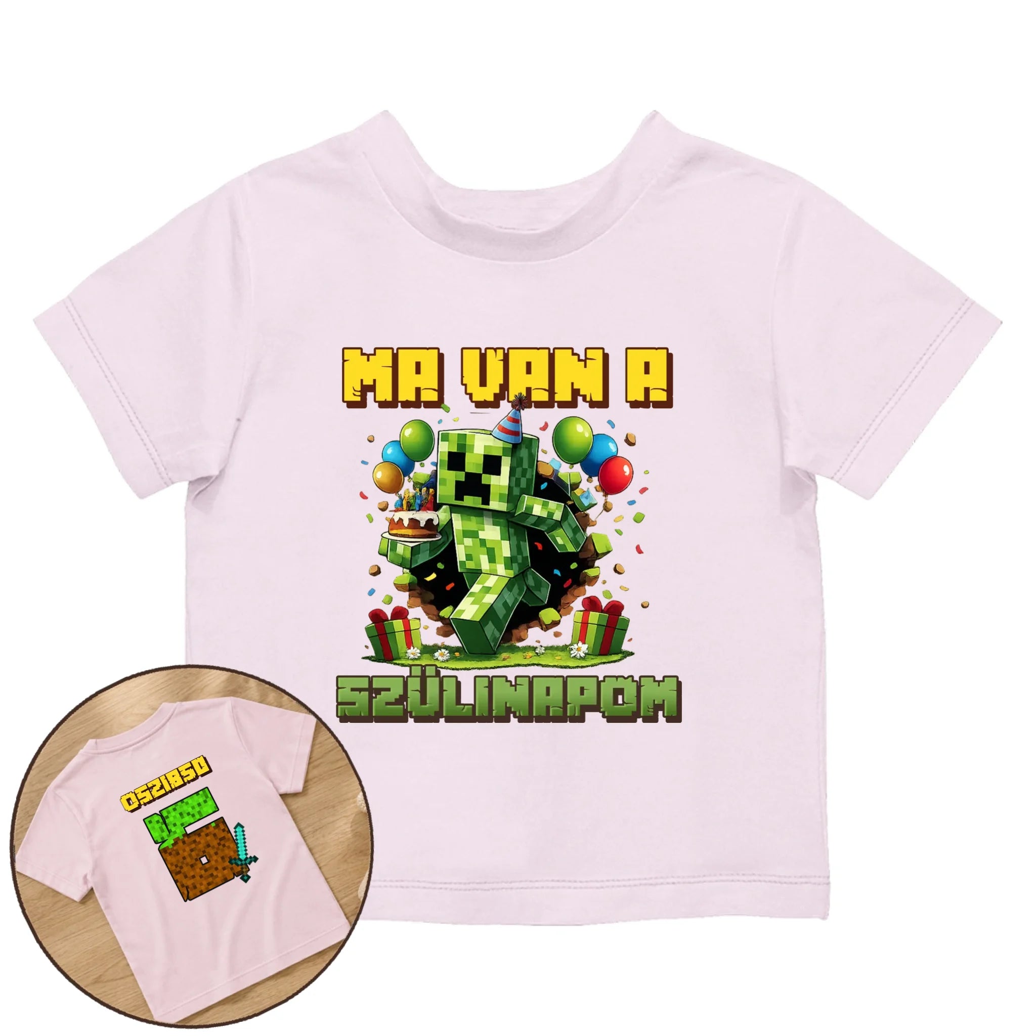 Minecraft szülinapi gyerek póló kétoldalas nyomtatással egyedi névvel és szülinapi számmal