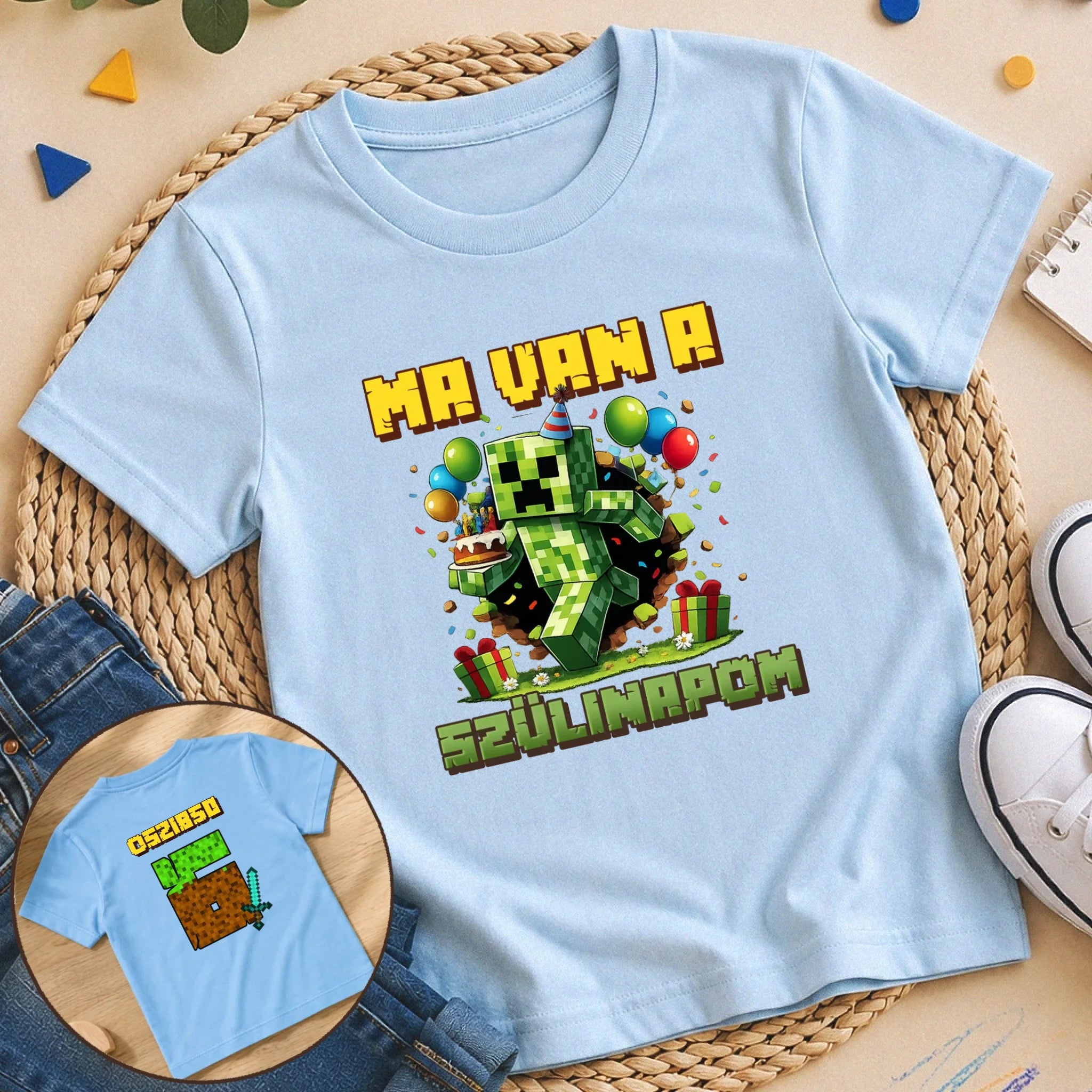 Minecraft szülinapi gyerek póló kétoldalas nyomtatással egyedi névvel és szülinapi számmal