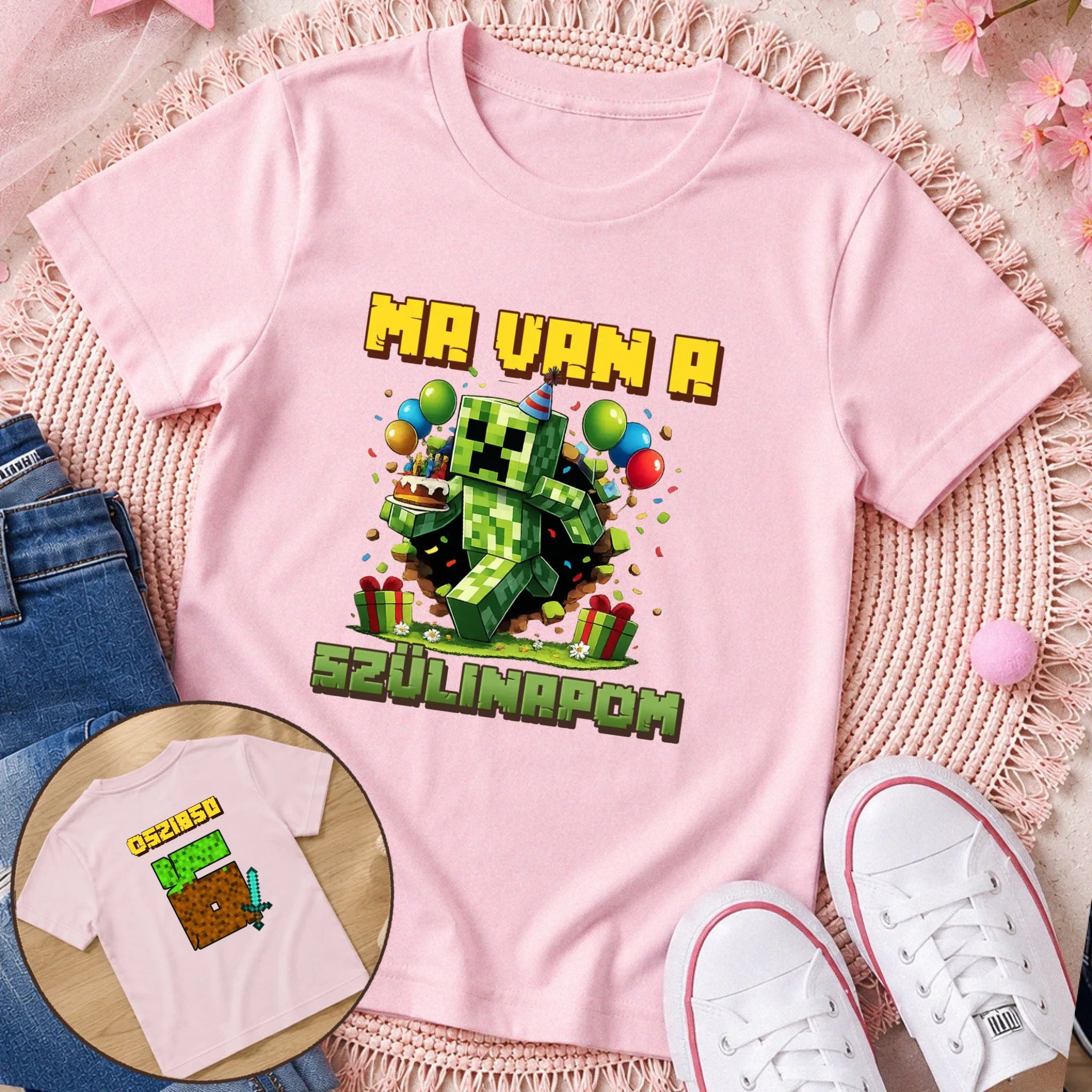 Minecraft szülinapi gyerek póló kétoldalas nyomtatással egyedi névvel és szülinapi számmal