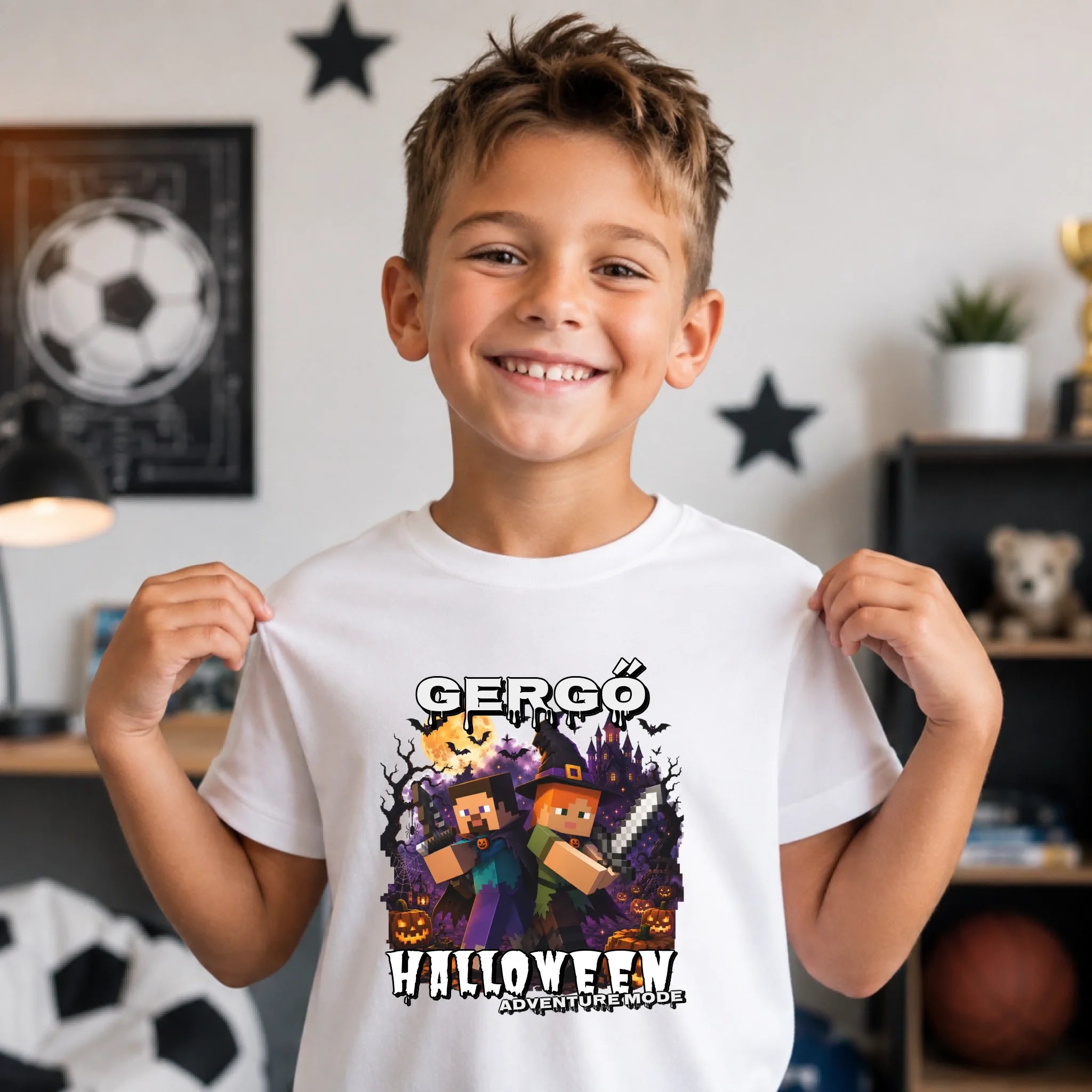 Halloweeni gyerek póló Minecraft mintával egyedi névvel