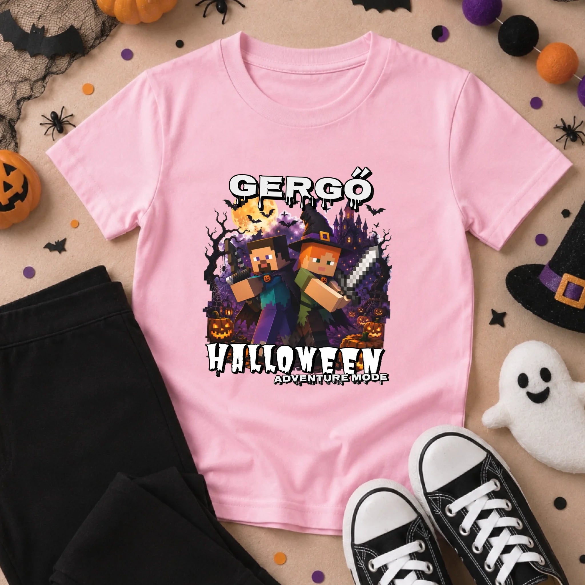 Halloween Mode Minecraft mintás halloweeni gyerek póló egyedi névvelHalloweeni gyerek póló Minecraft mintával egyedi névvel