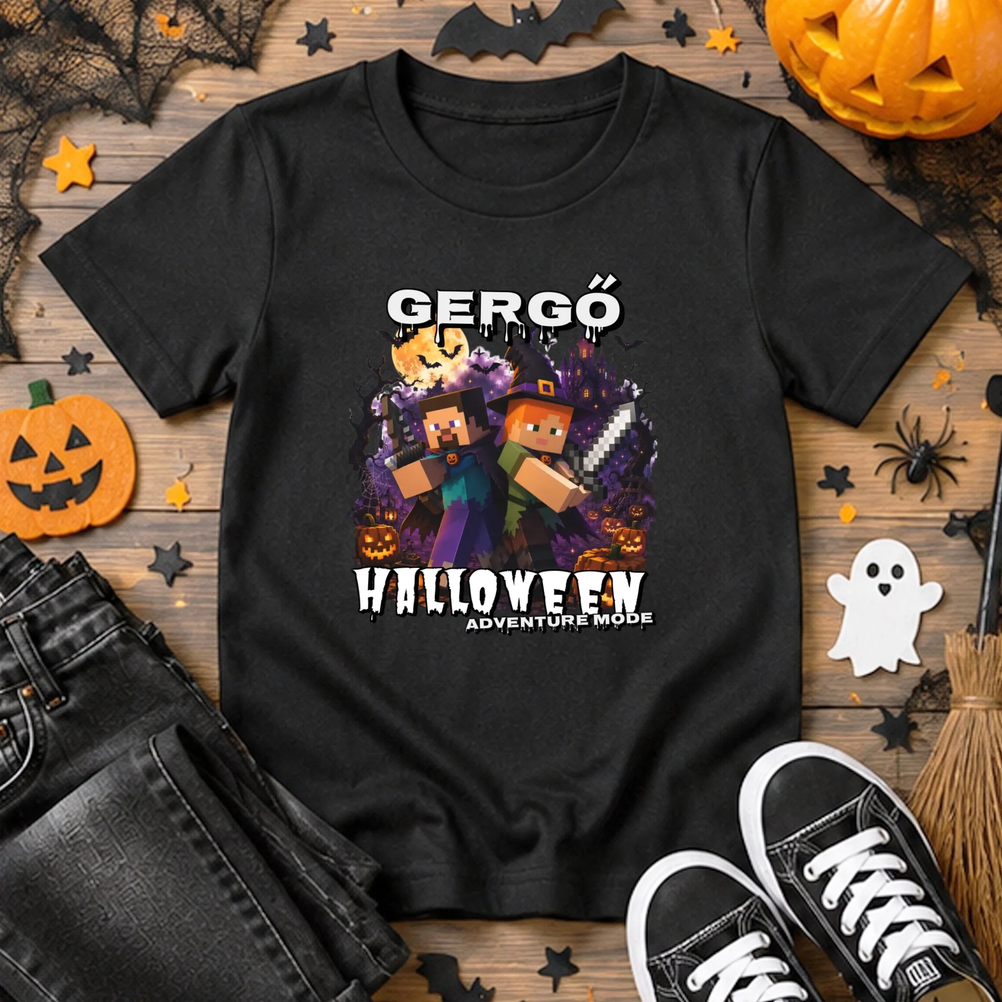 Halloweeni gyerek póló Minecraft mintával egyedi névvel