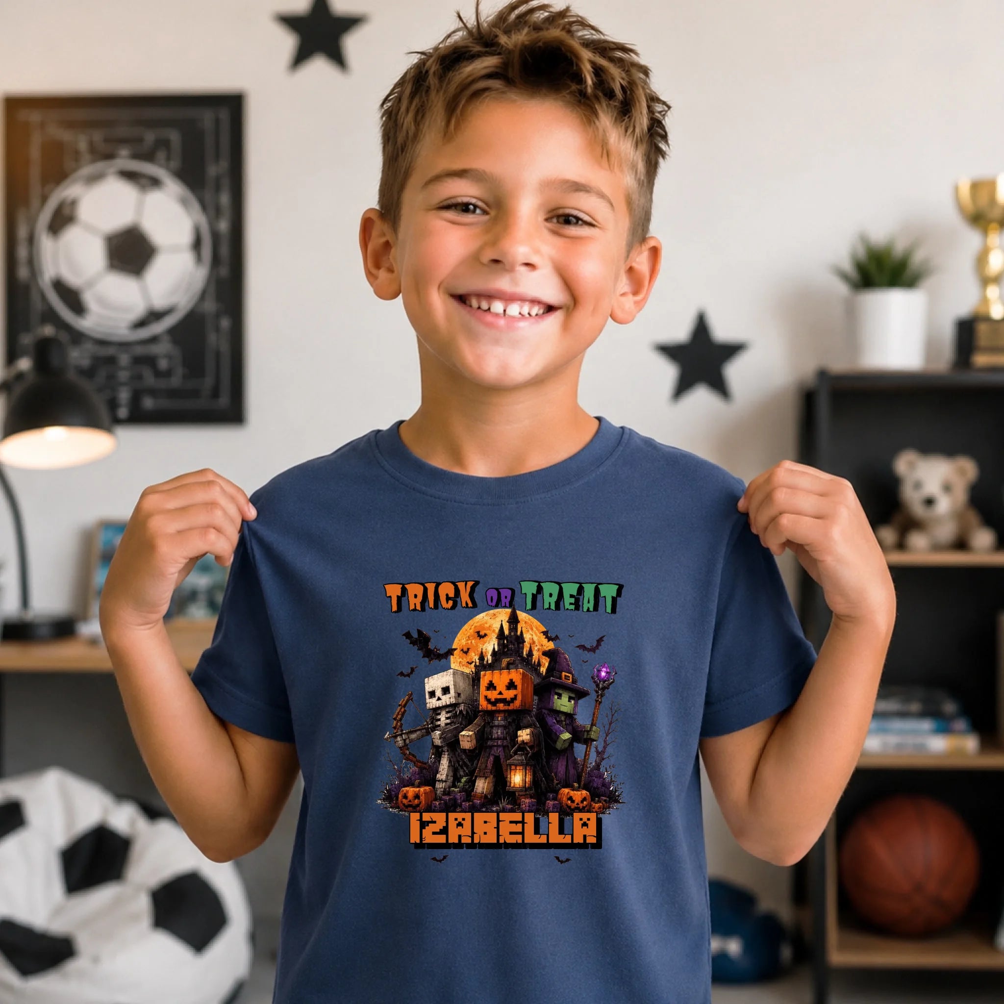 Trick or Treat Minecraft mintás halloweeni gyerek póló egyedi névvel