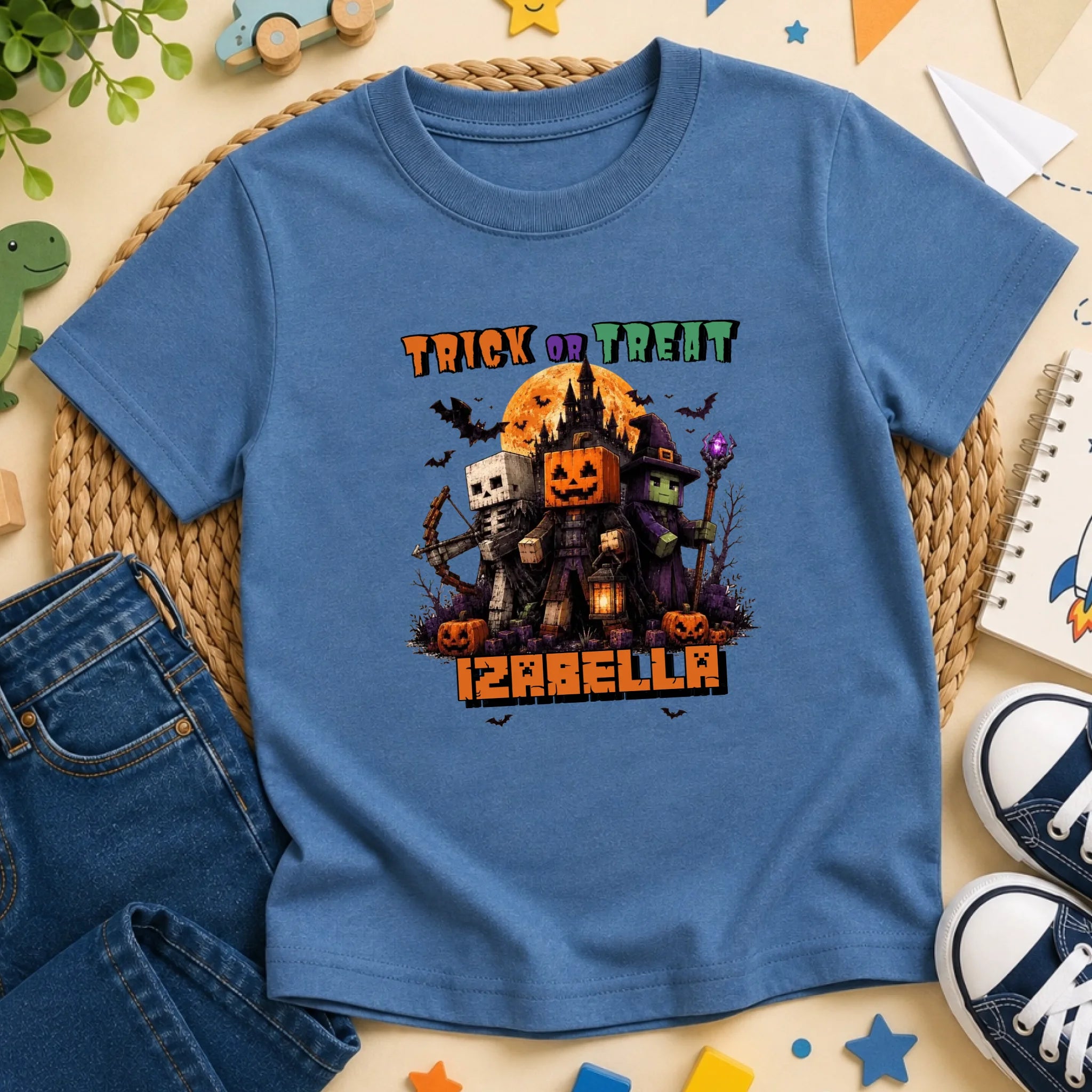 Trick or Treat Minecraft mintás halloweeni gyerek póló egyedi névvel