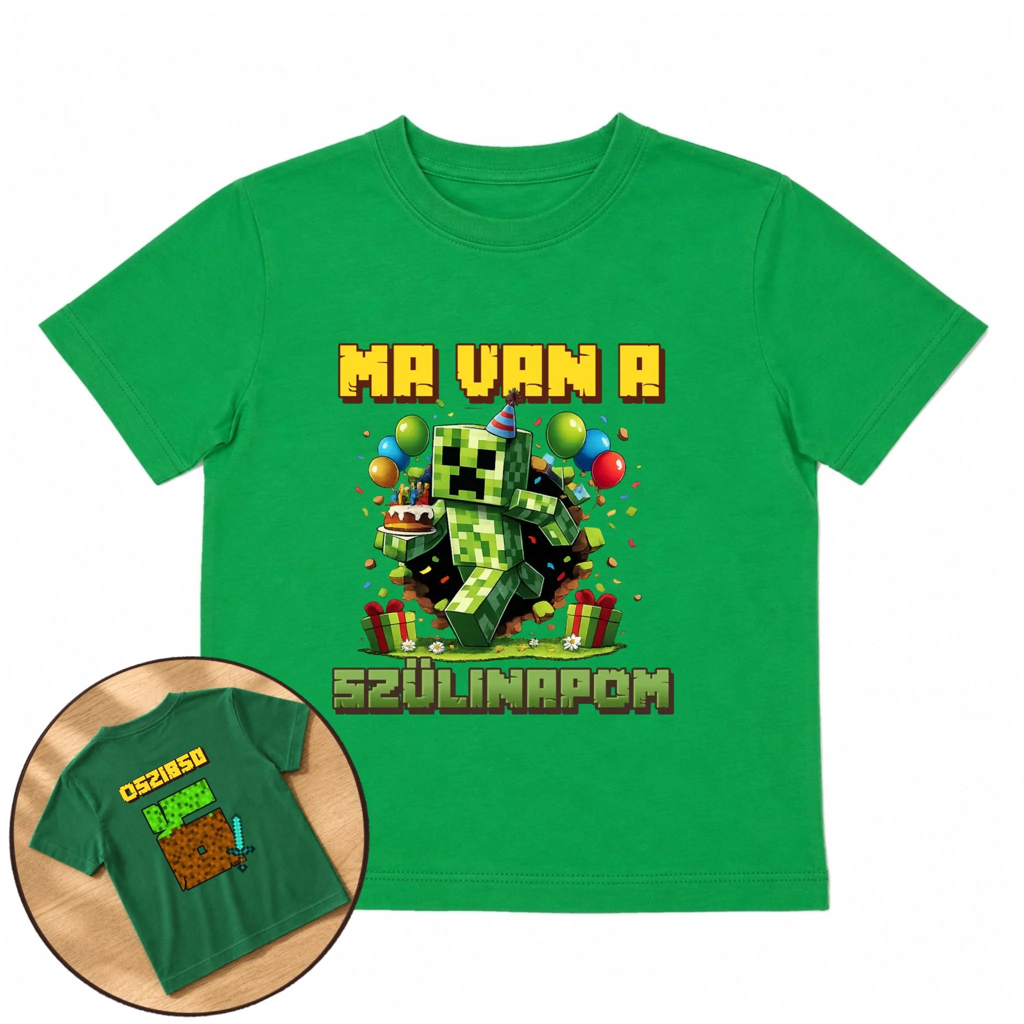 Minecraft szülinapi gyerek póló kétoldalas nyomtatással egyedi névvel és szülinapi számmal