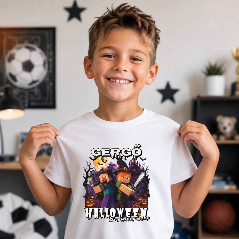Halloweeni gyerek póló Minecraft mintával egyedi névvel