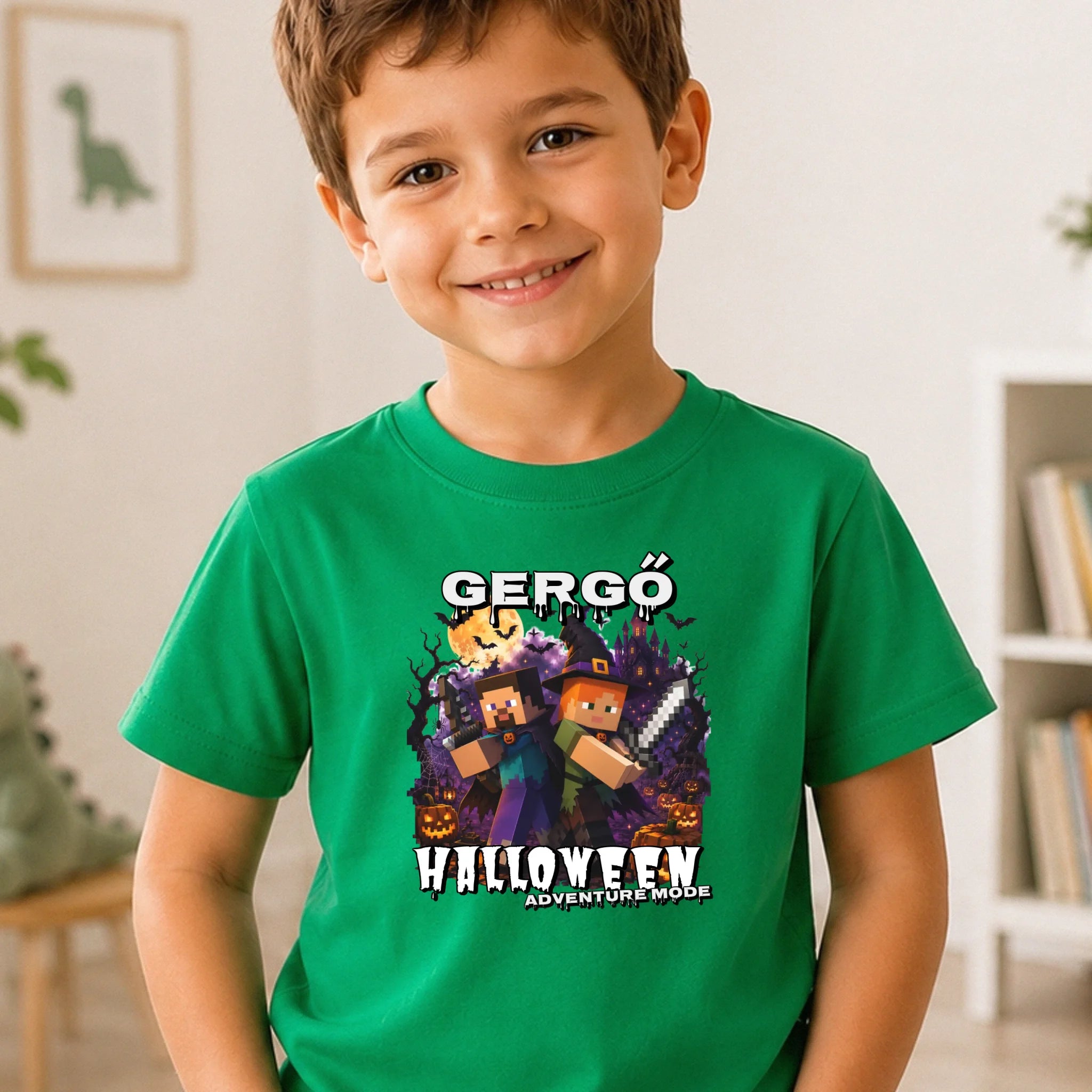 Halloweeni gyerek póló Minecraft mintával egyedi névvel