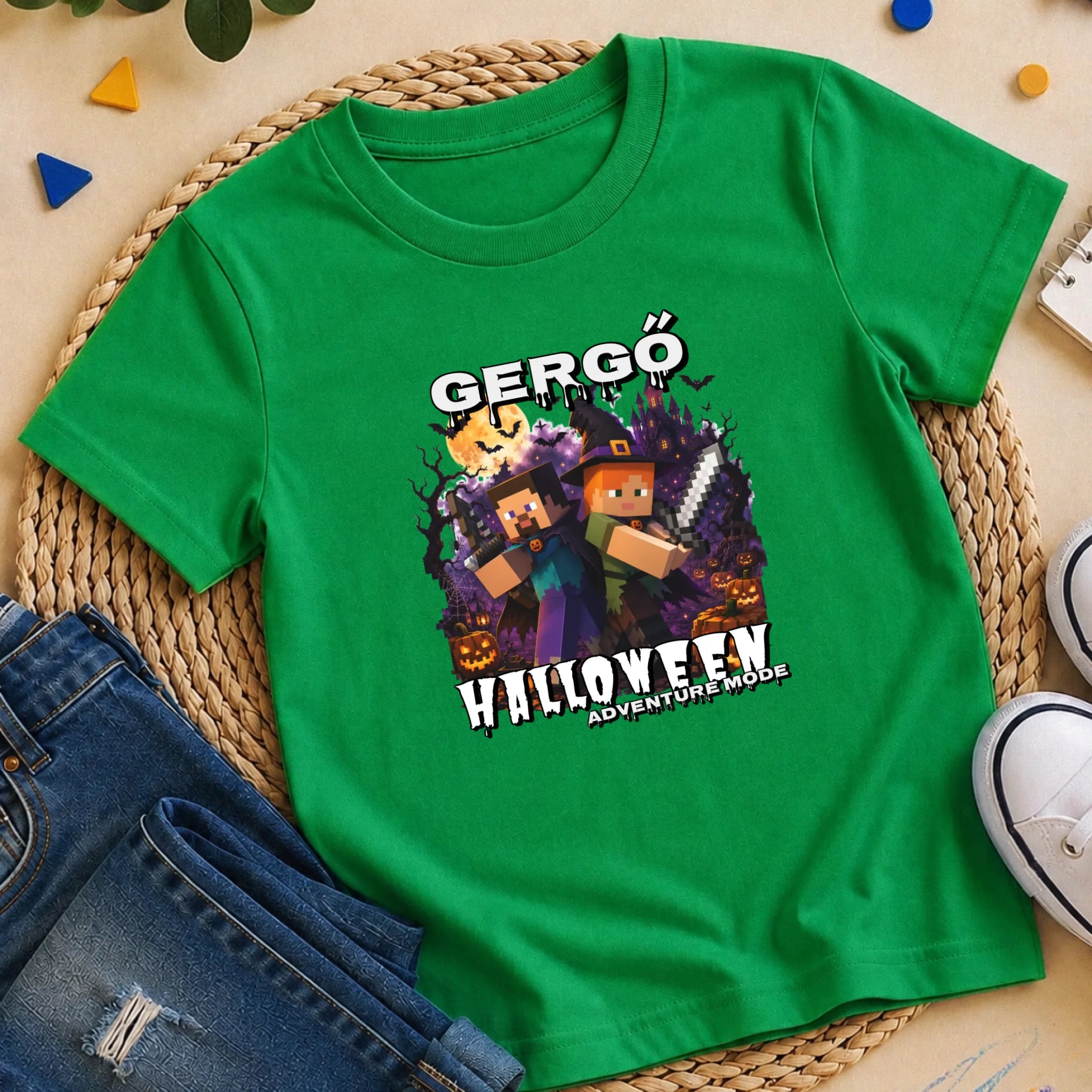 Halloweeni gyerek póló Minecraft mintával egyedi névvel