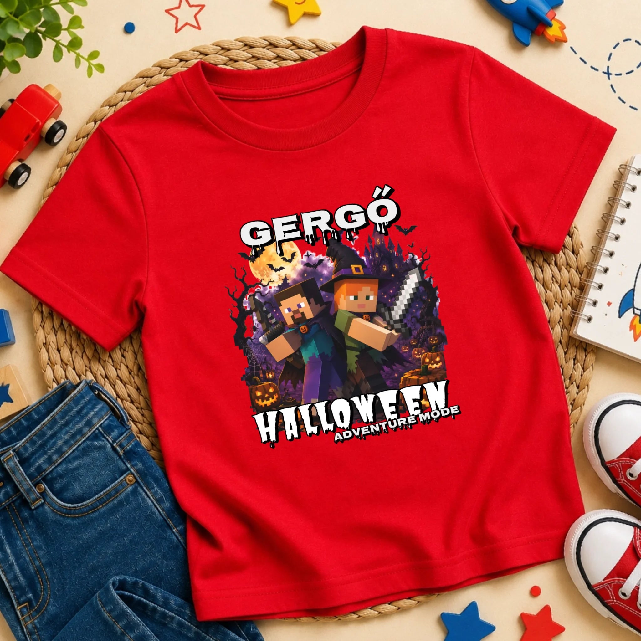 Halloweeni gyerek póló Minecraft mintával egyedi névvel