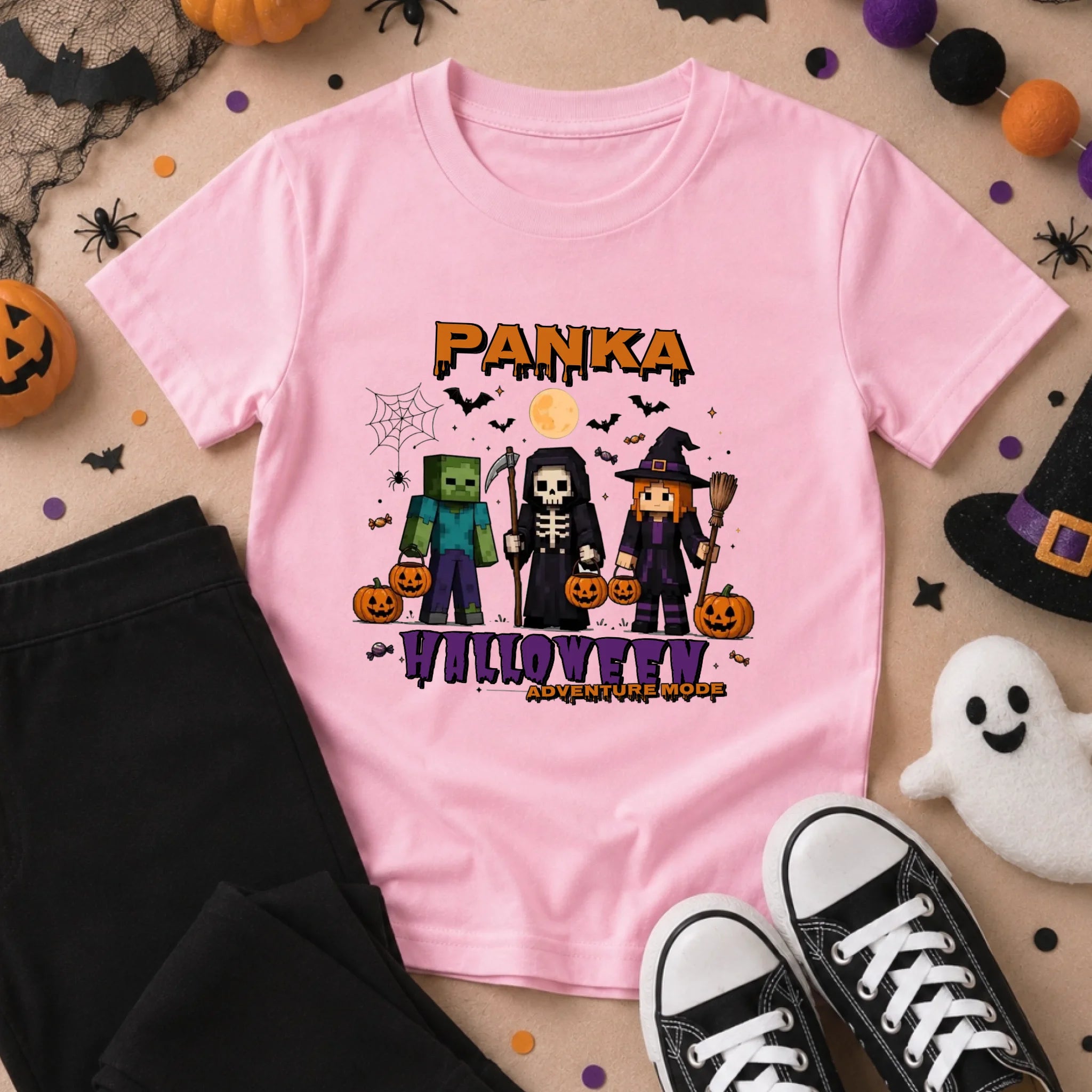 Halloween Mode Minecraft mintás halloweeni gyerek póló egyedi névvel