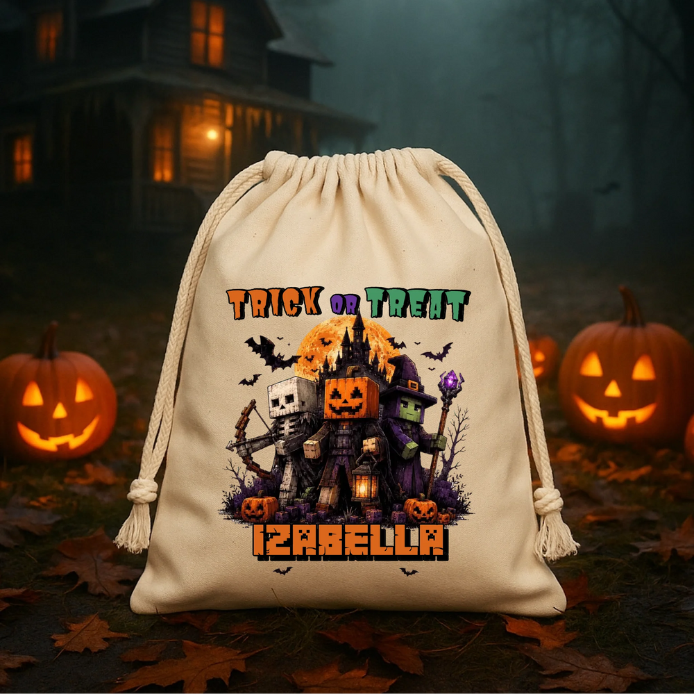 Trick or Treat Minecraft mintás halloweeni zsák egyedi névvel
