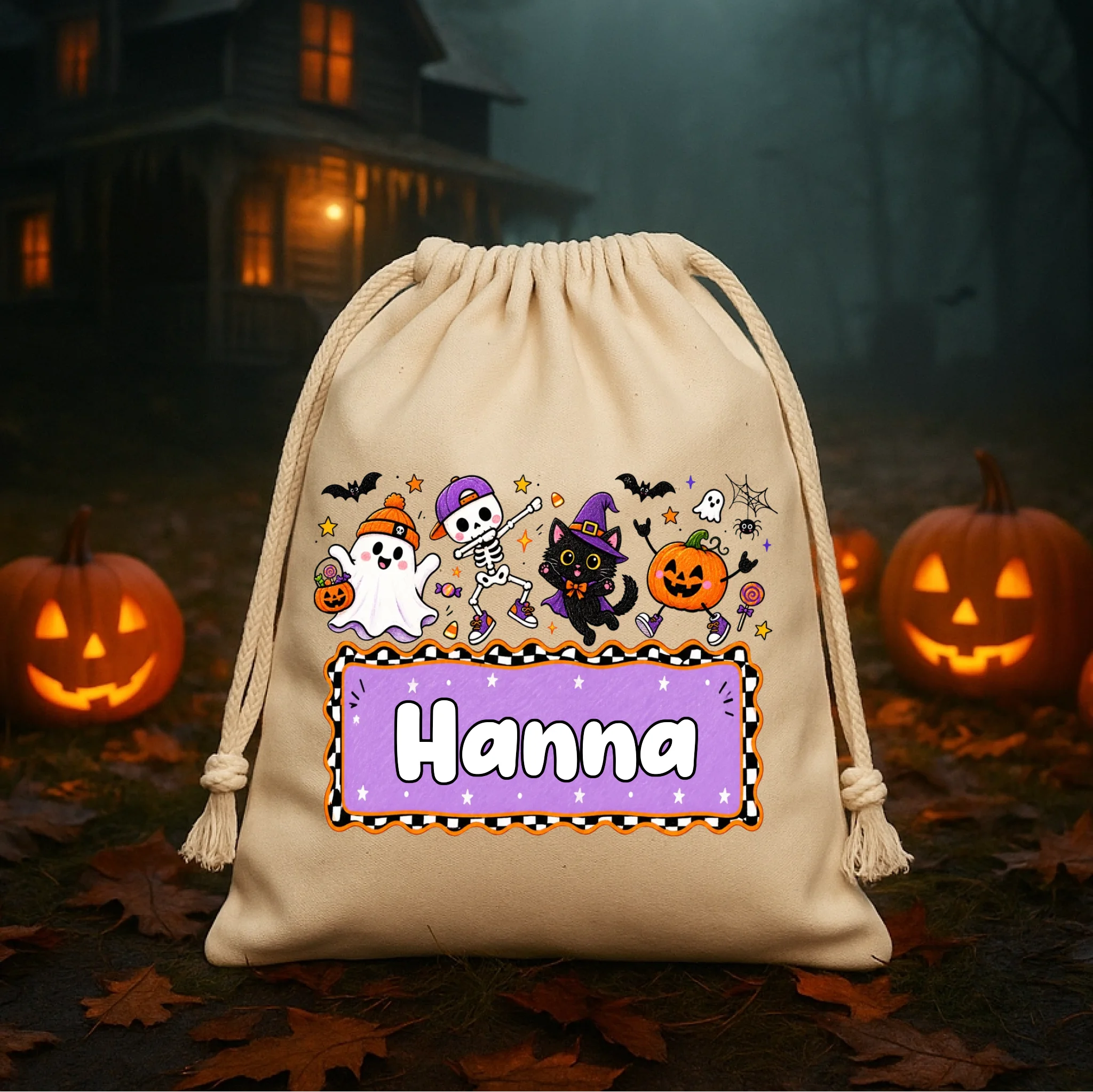 Halloweeni zsák gyerekeknek - vidám figurákkal, egyedi névvel