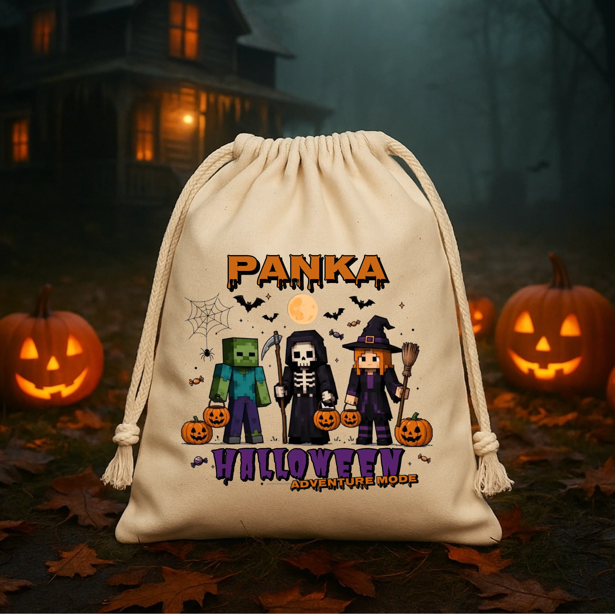 Halloween Mode Minecraft mintás halloweeni zsák egyedi névvel