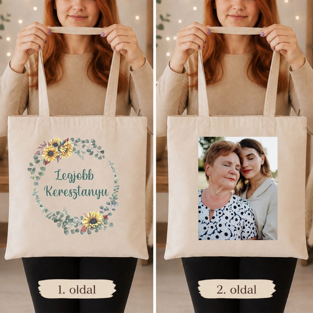 Legjobb keresztanya vászontáska egyedi fényképpel és felirattal