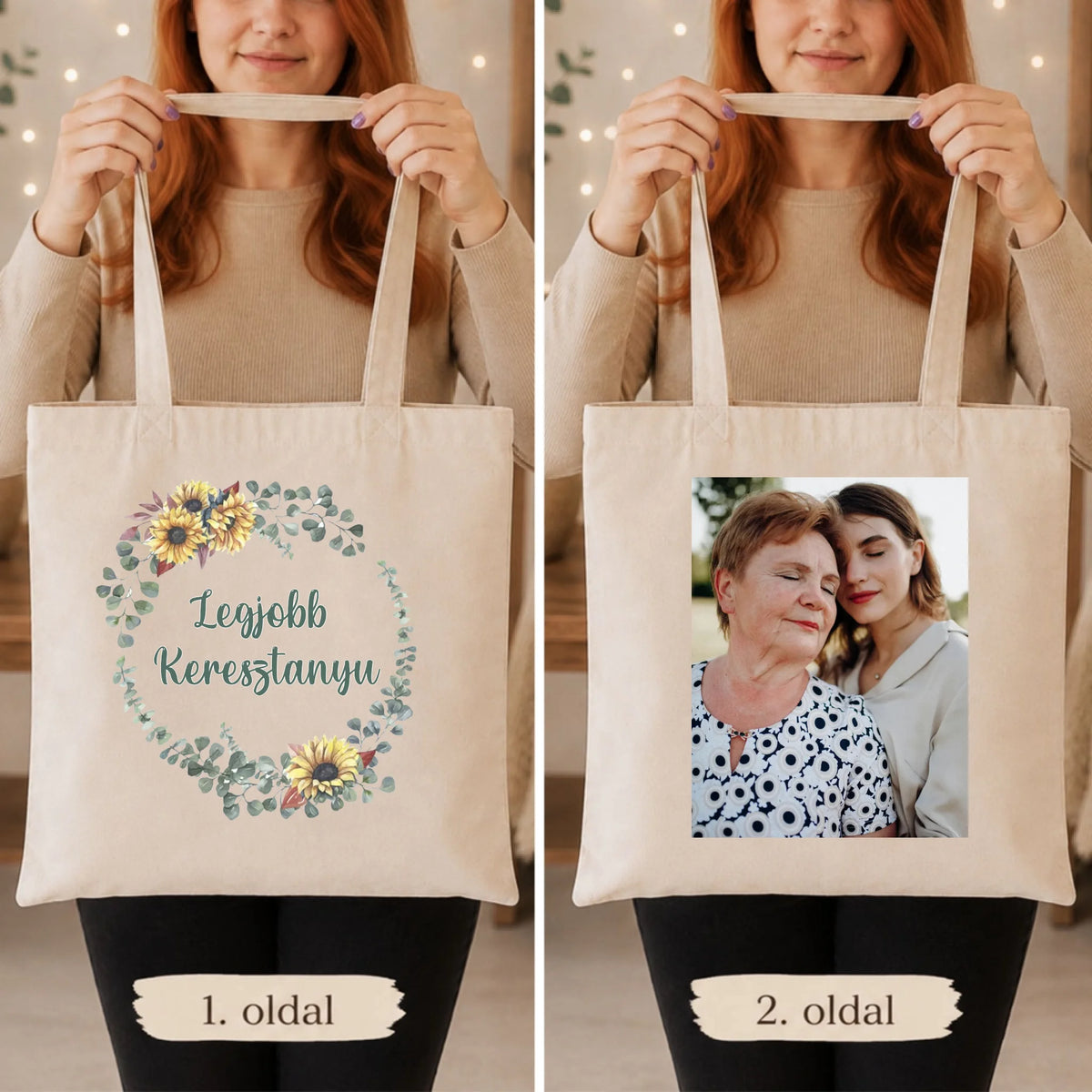 Legjobb keresztanya vászontáska egyedi fényképpel és felirattal