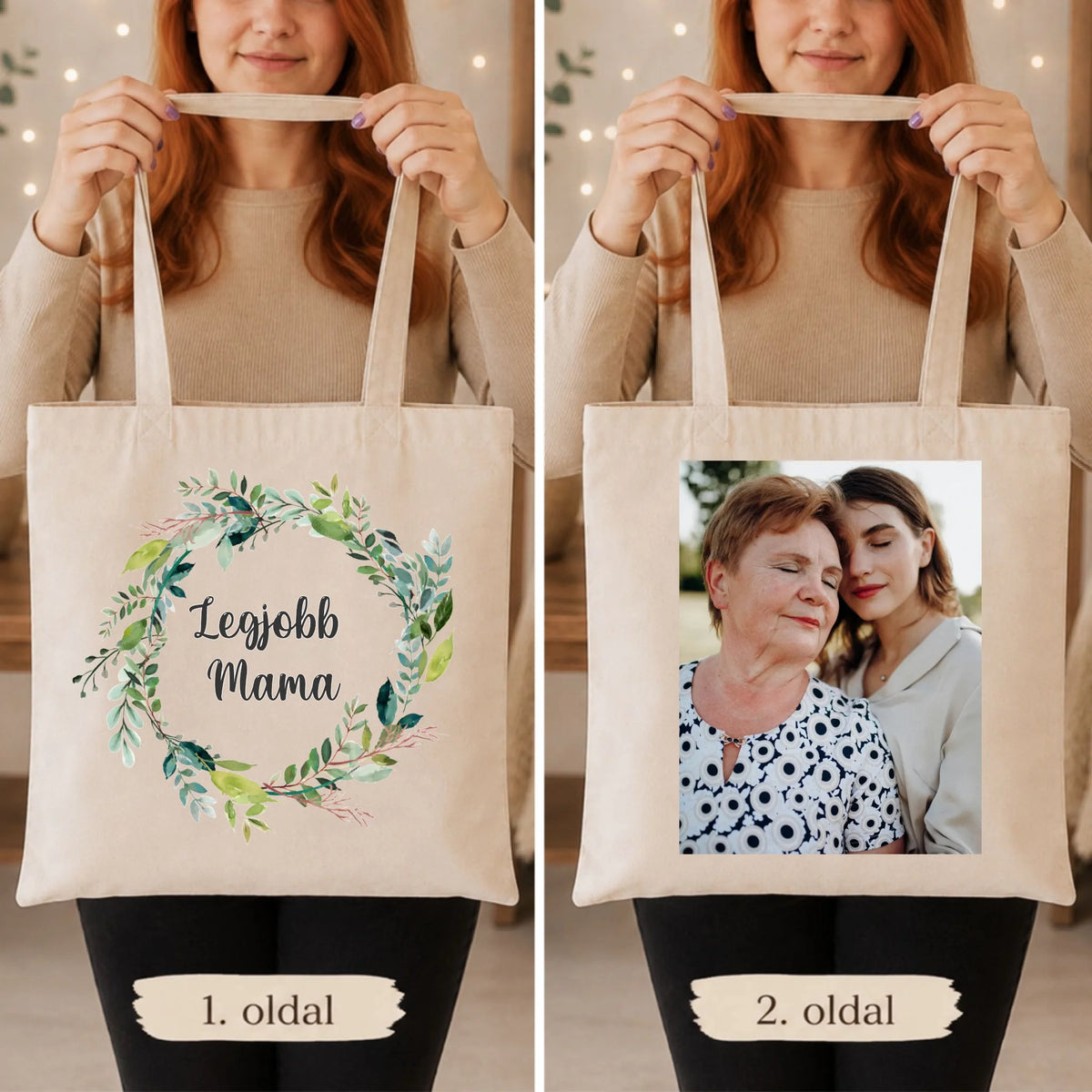 Legjobb mama vászontáska egyedi fényképpel és felirattal két oldalas nyomtatással
