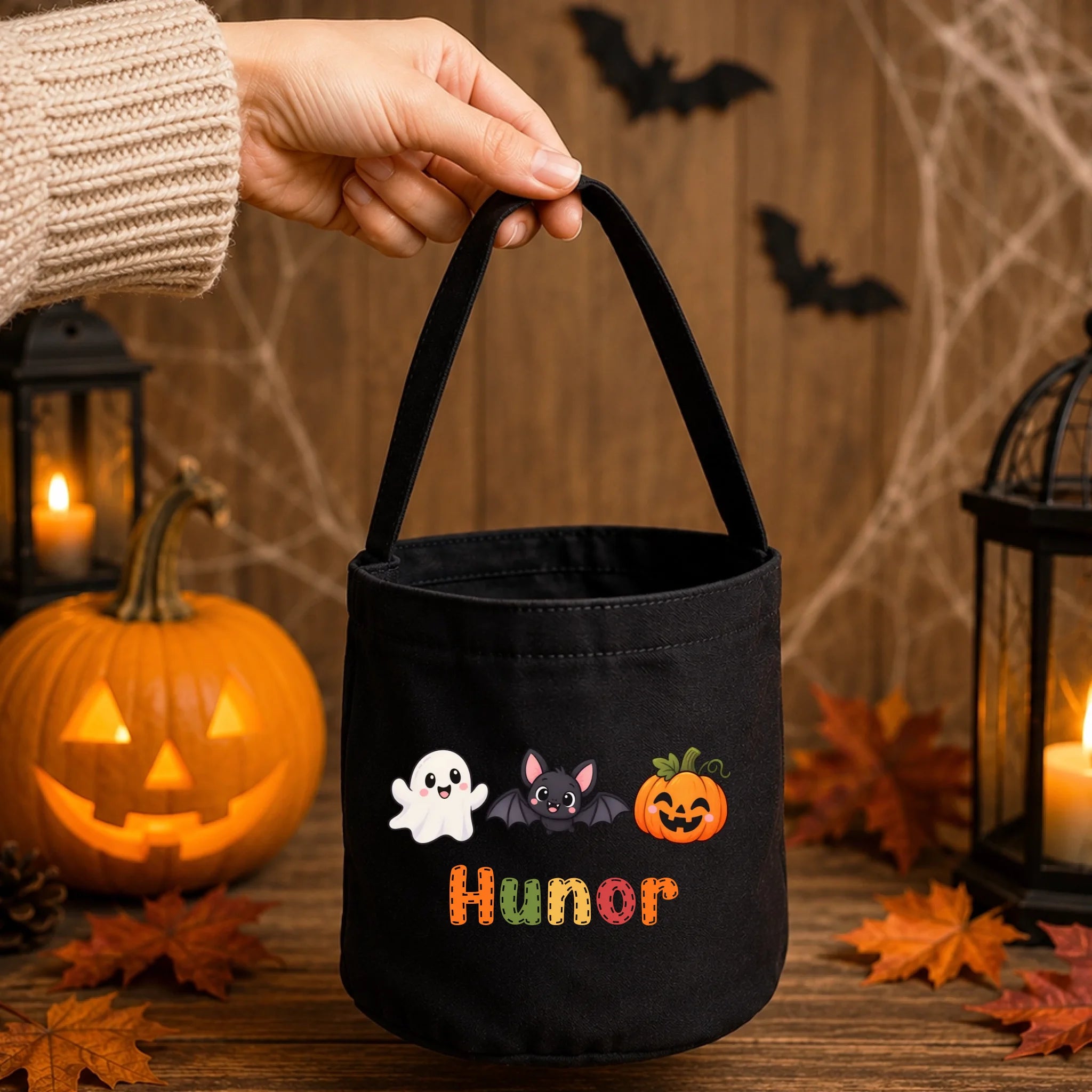 Névre szóló cukorkagyűjtő zsák gyerekeknek halloweeni figurákkal