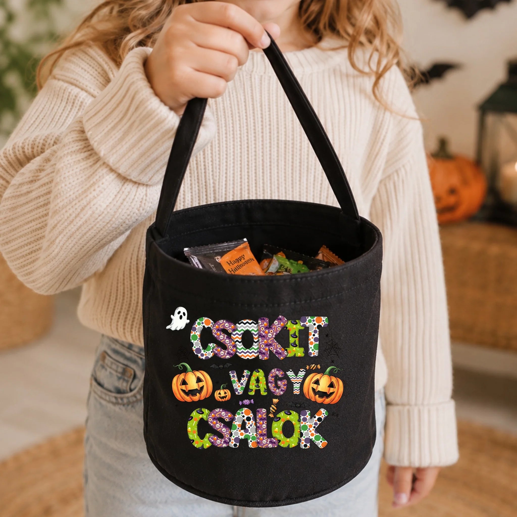 Halloweeni cukorkagyűjtő zsák - Csokit vagy csalok választható felirattal