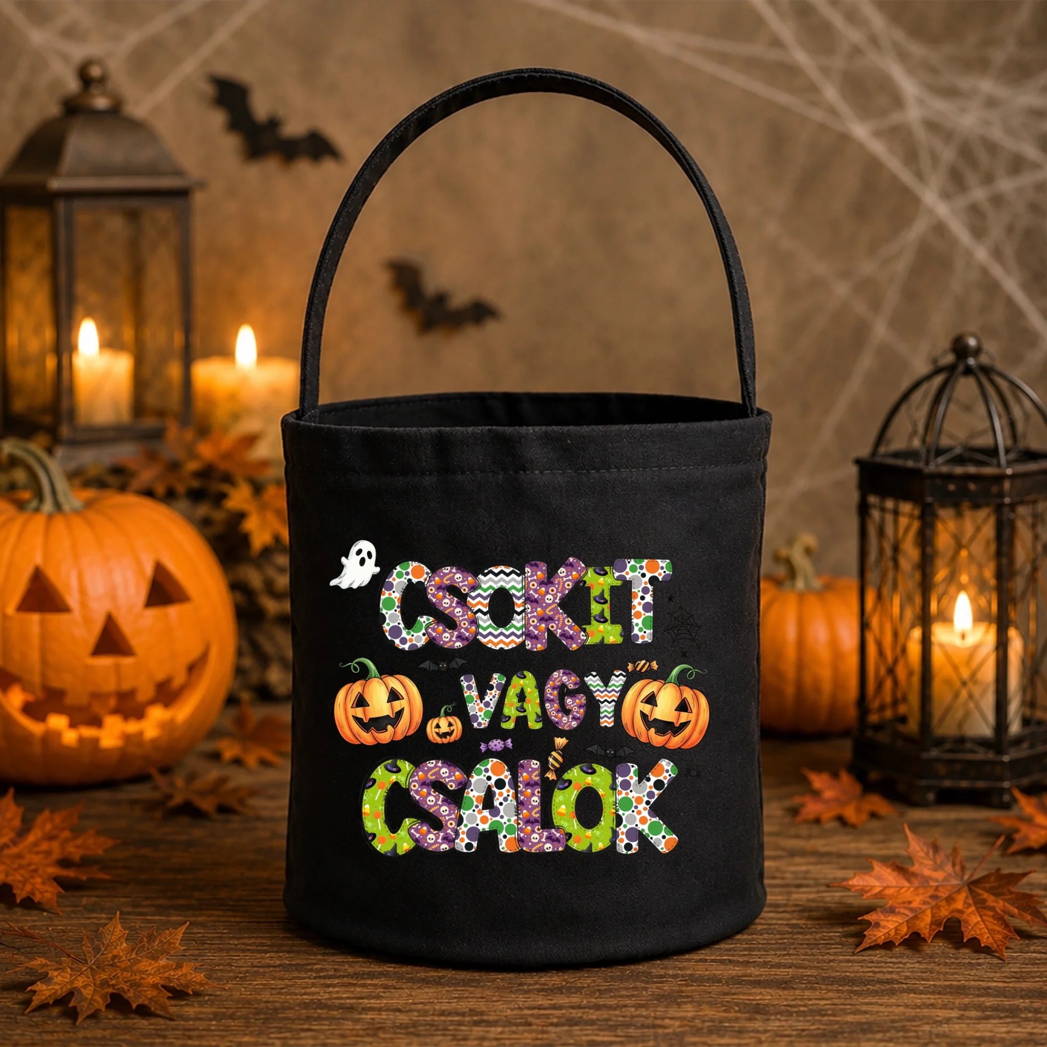 Halloweeni cukorkagyűjtő zsák - Csokit vagy csalok választható felirattal