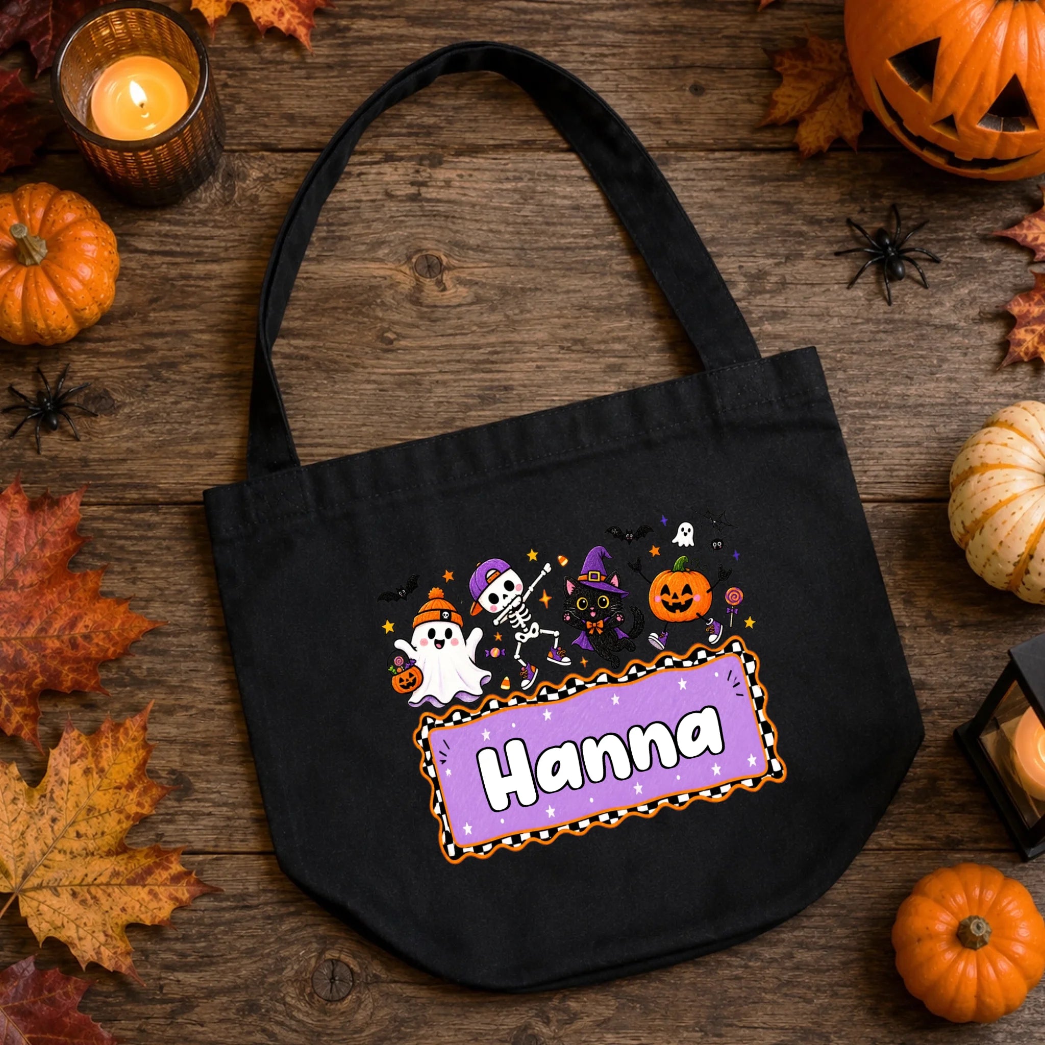 Halloweeni cukorkagyűjtő zsák gyerekeknek - vidám figurákkal, egyedi névvel