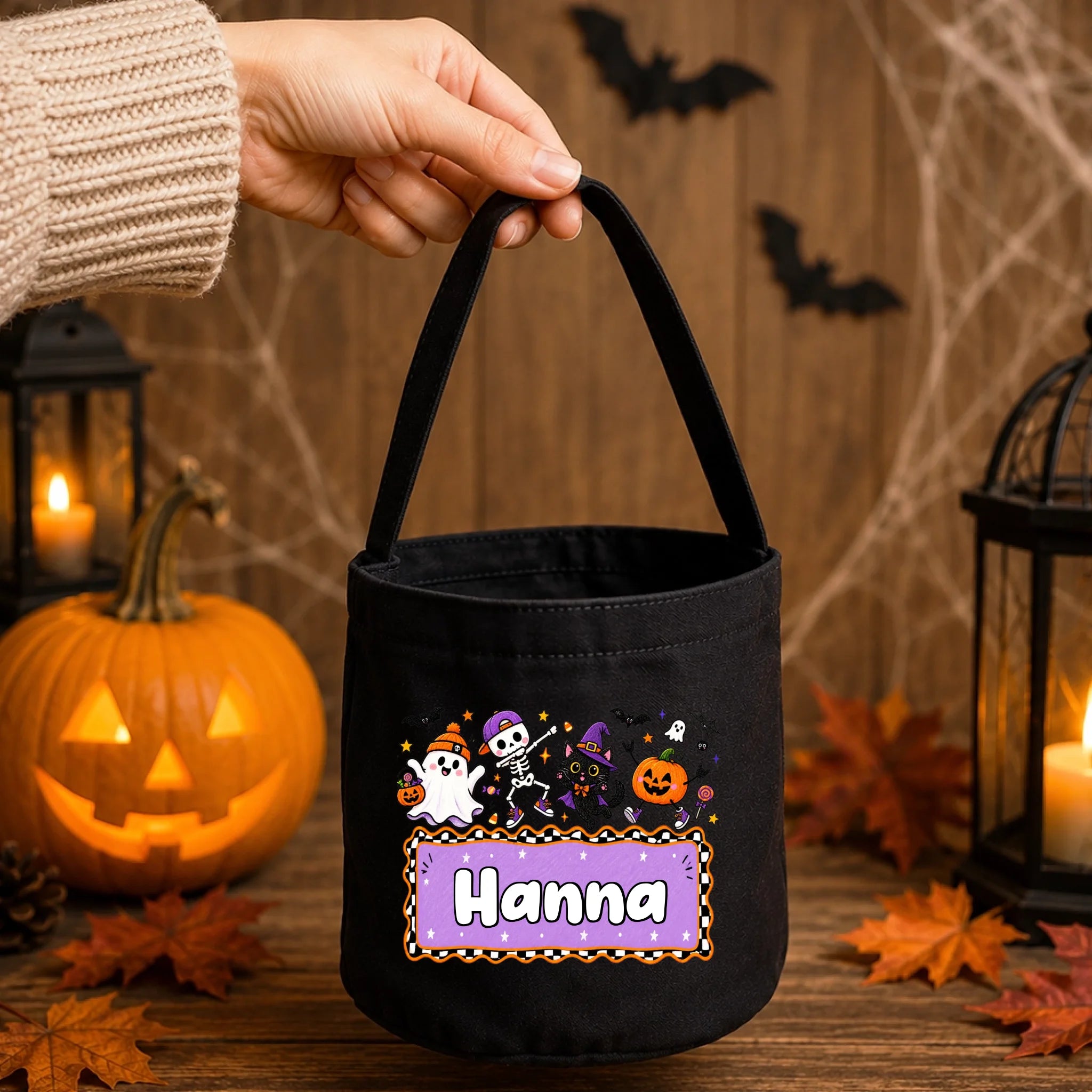 Halloweeni cukorkagyűjtő zsák gyerekeknek - vidám figurákkal, egyedi névvel