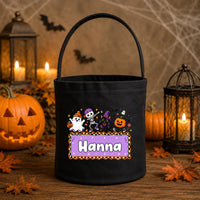 Halloweeni cukorkagyűjtő zsák gyerekeknek - vidám figurákkal, egyedi névvel
