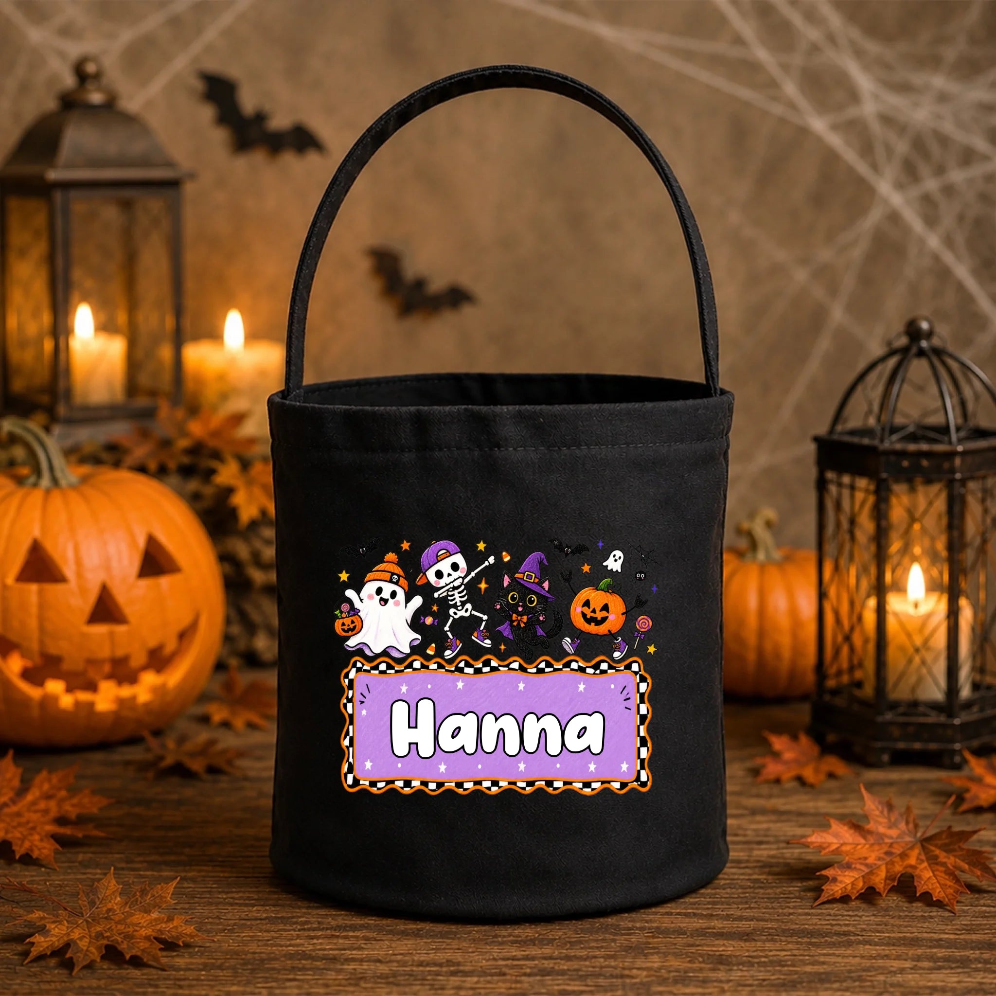 Halloweeni cukorkagyűjtő zsák gyerekeknek - vidám figurákkal, egyedi névvel