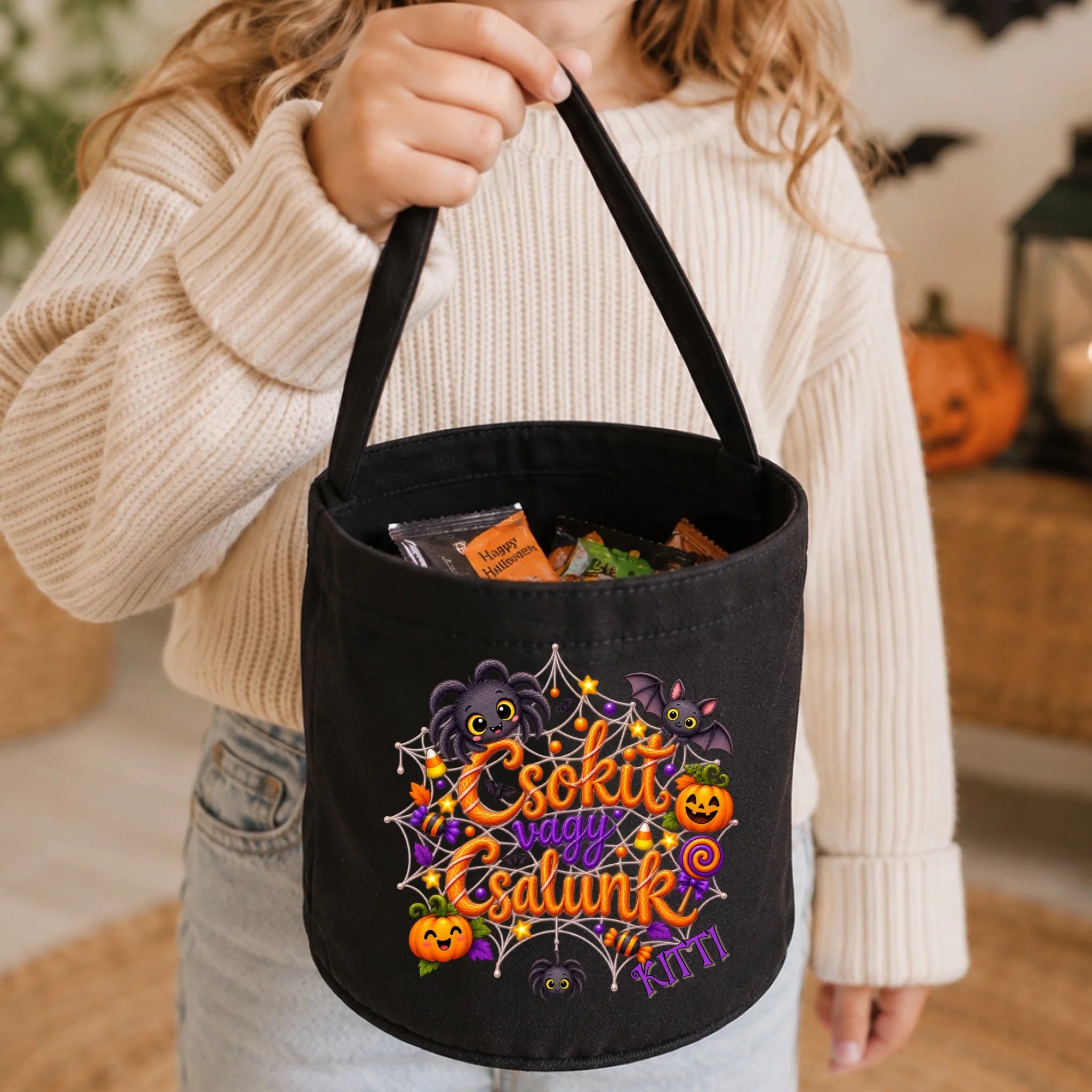 Csokit vagy csalunk - halloweeni cukorkagyűtjő zsák gyerekeknek