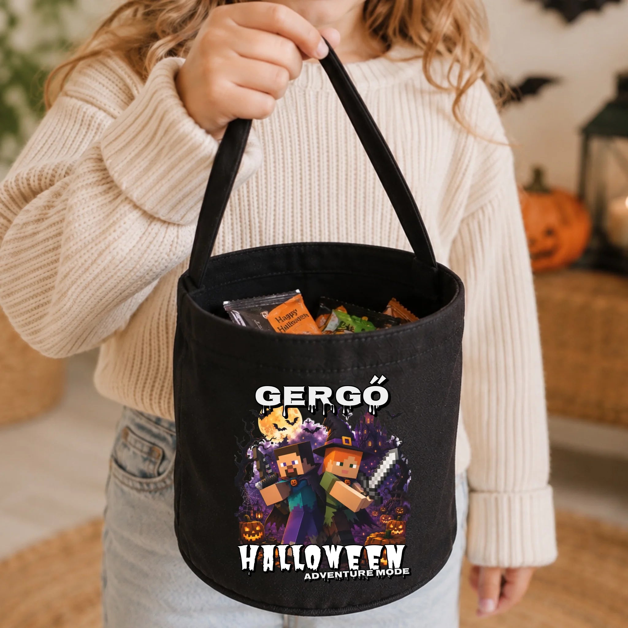 Halloweeni cukorkagyűjtő zsák - Minecraft mintával egyedi névvel