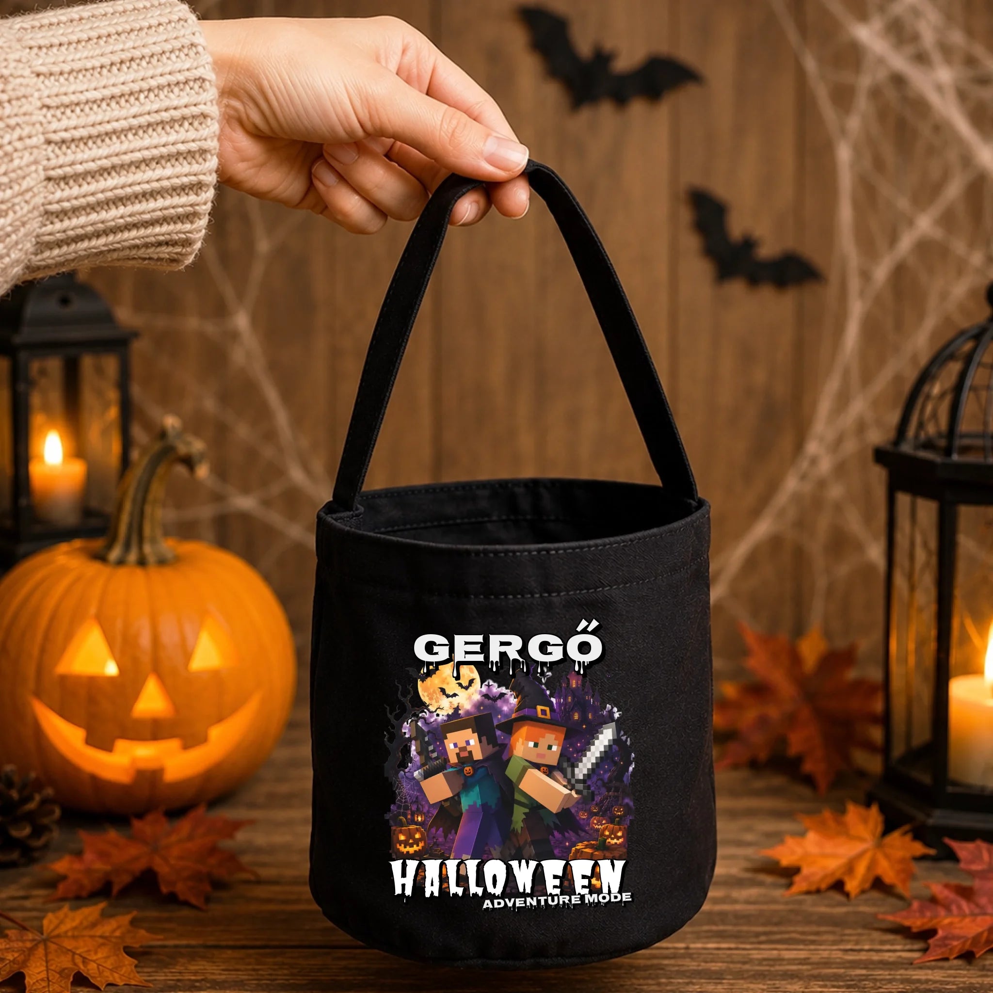 Halloweeni cukorkagyűjtő zsák - Minecraft mintával egyedi névvel