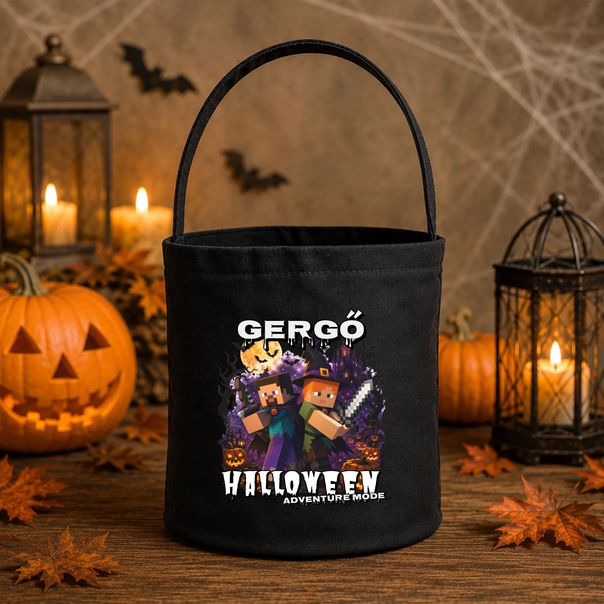 Halloweeni cukorkagyűjtő zsák - Minecraft mintával egyedi névvel