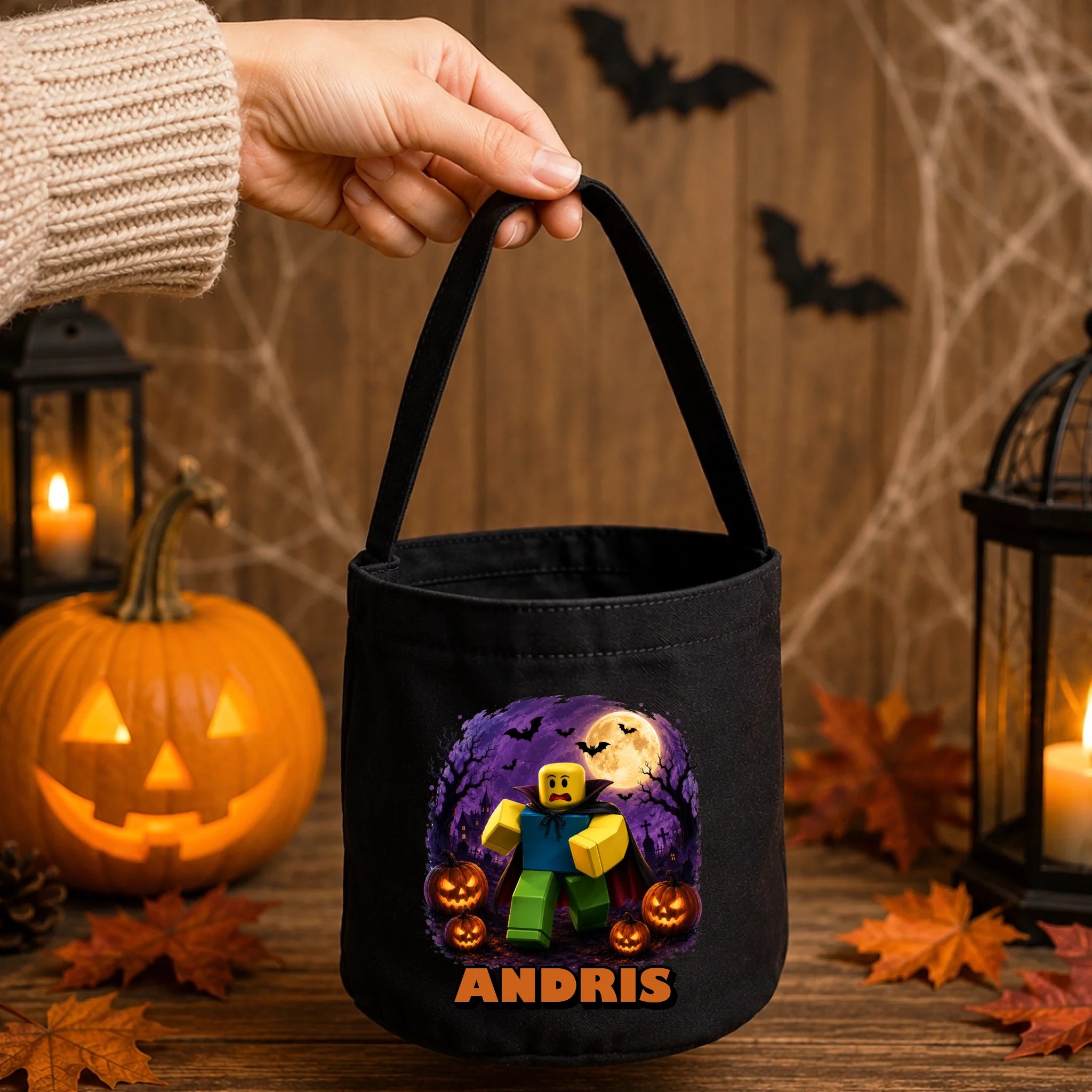 Egyedi neves halloweeni cukorkagyűjtő zsák Roblox figurával