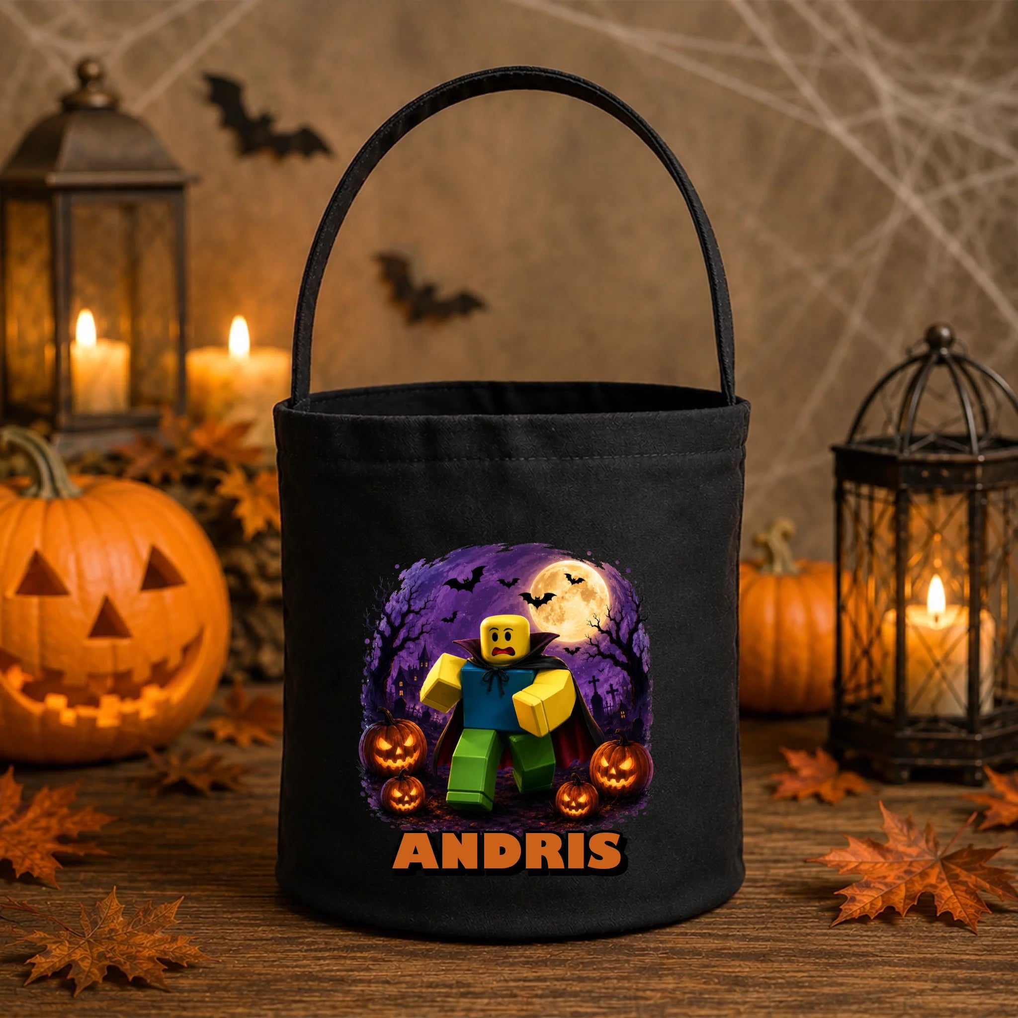 Egyedi neves halloweeni cukorkagyűjtő zsák Roblox figurával