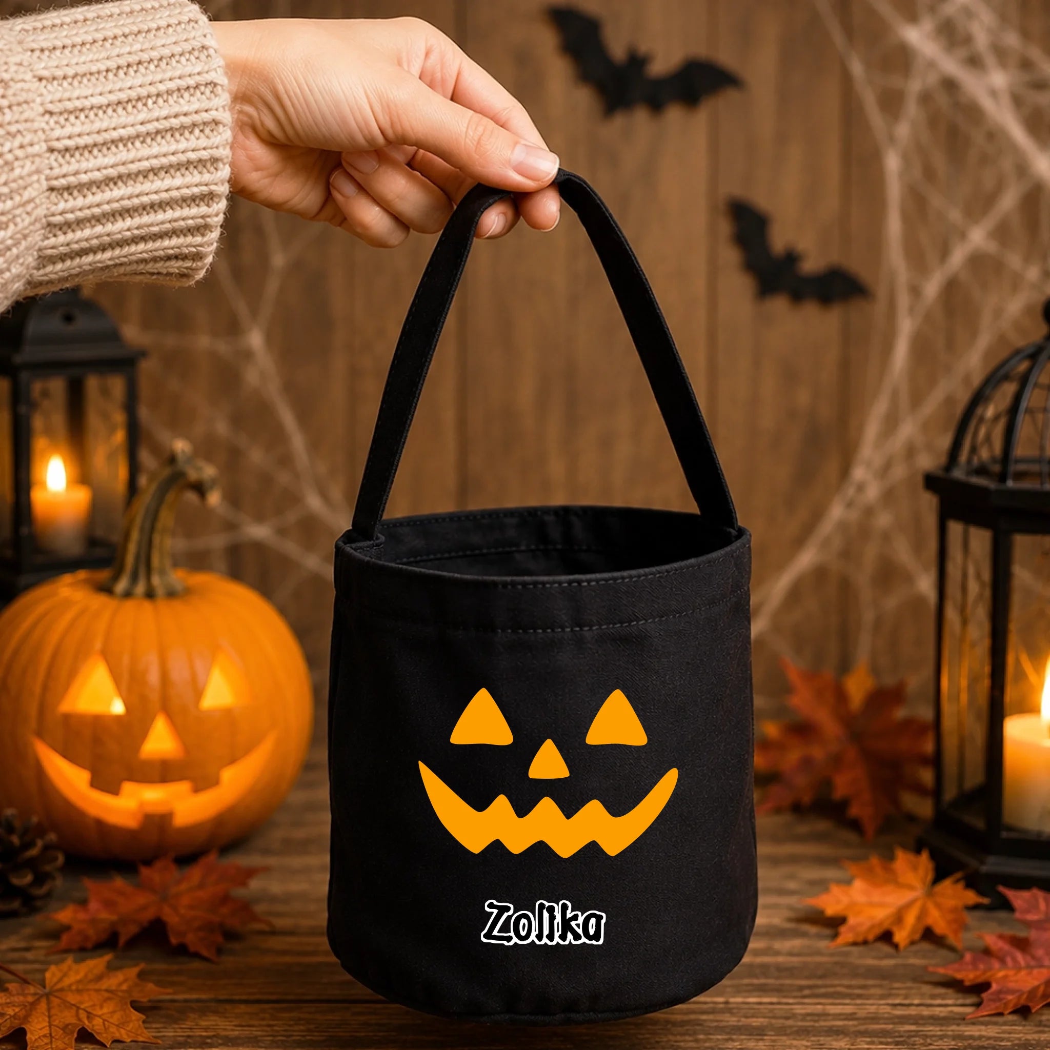 Halloweeni cukorkagyűjtő zsák választható mintával és egyedi névvel
