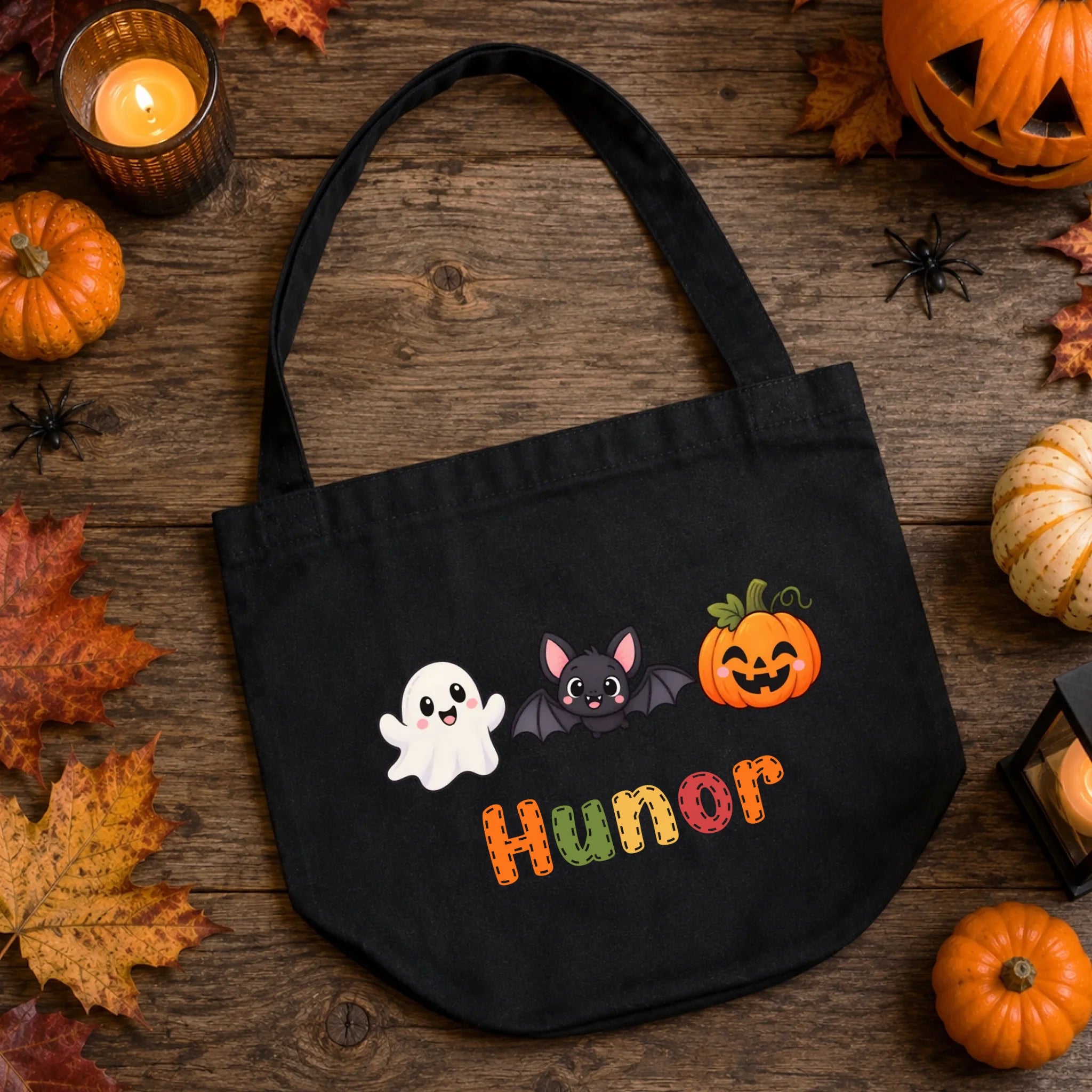 Névre szóló cukorkagyűjtő zsák gyerekeknek halloweeni figurákkal