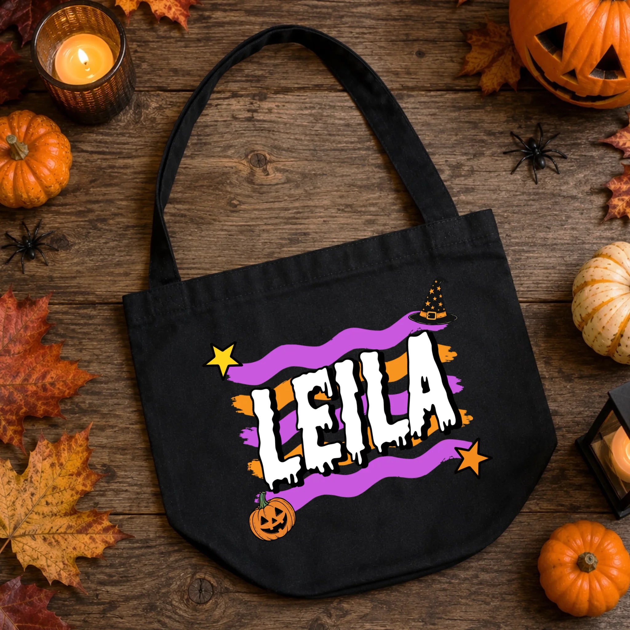 Egyedi névre szóló halloweeni cukorkagyűjtő zsák gyerekeknek