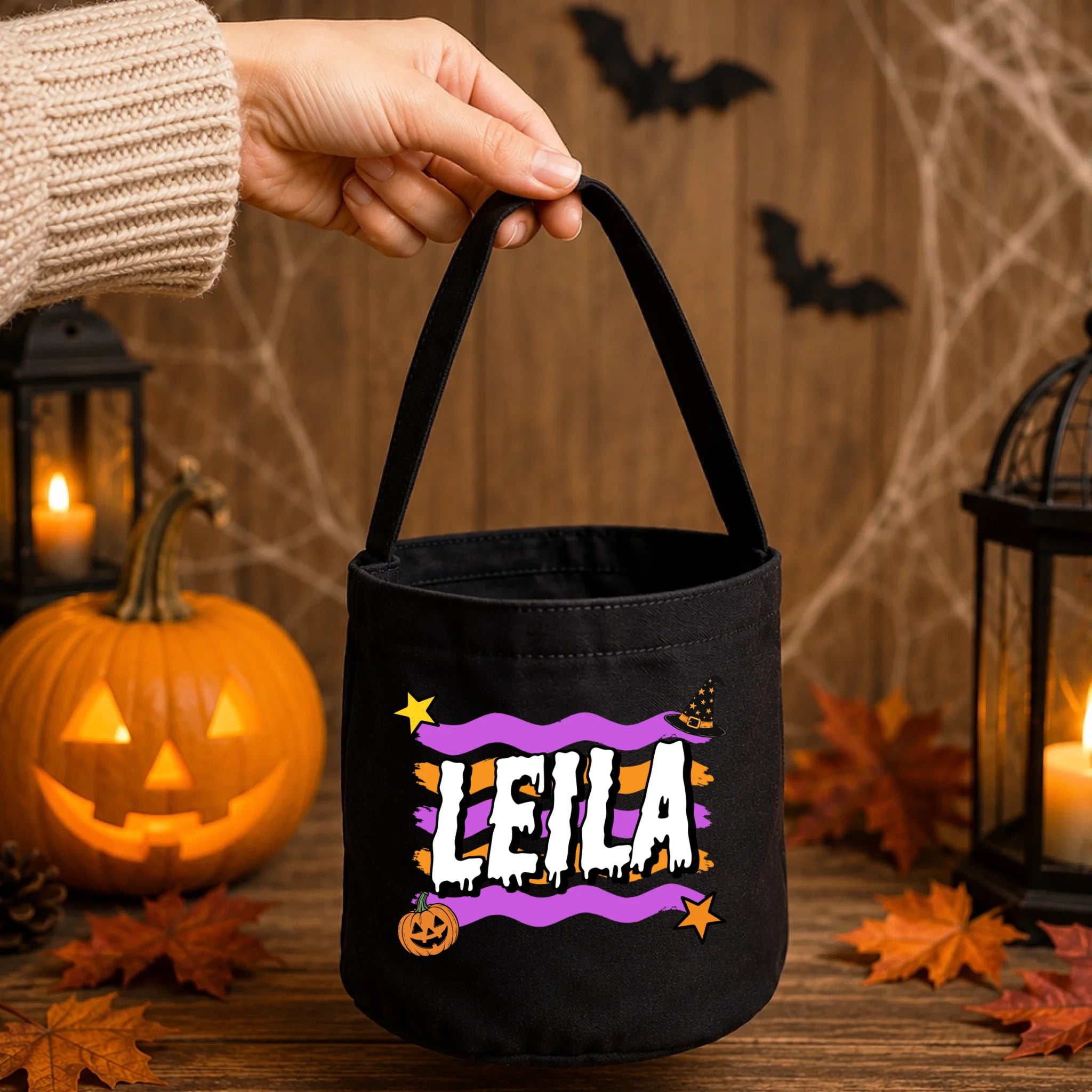 Egyedi névre szóló halloweeni cukorkagyűjtő zsák gyerekeknek