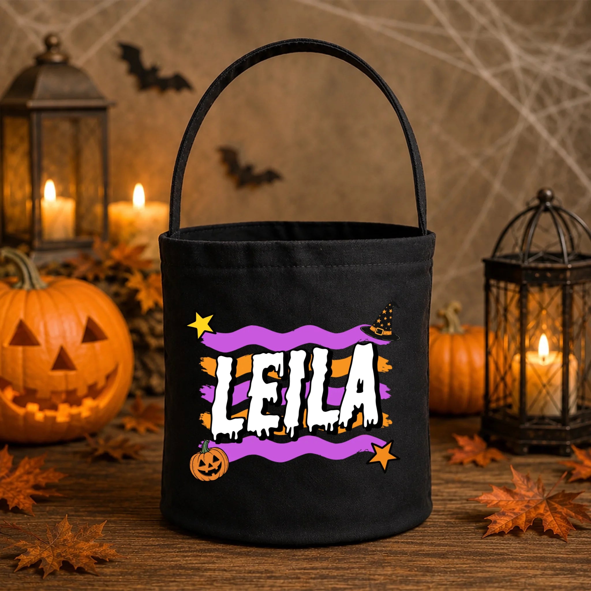 Egyedi névre szóló halloweeni cukorkagyűjtő zsák gyerekeknek