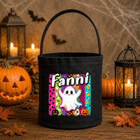 Névre szóló halloweeni cukorkagyűjtő zsák gyerekeknek - szellemes mintával