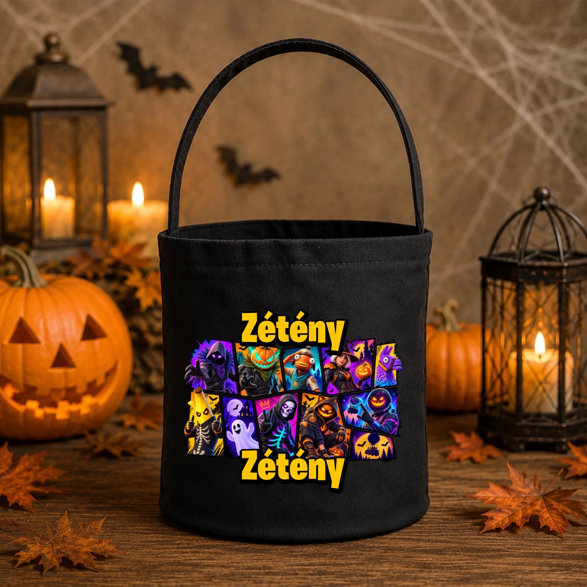 Fortnite figurás halloweeni cukorkagyűjtő zsák gyerekeknek saját névvel