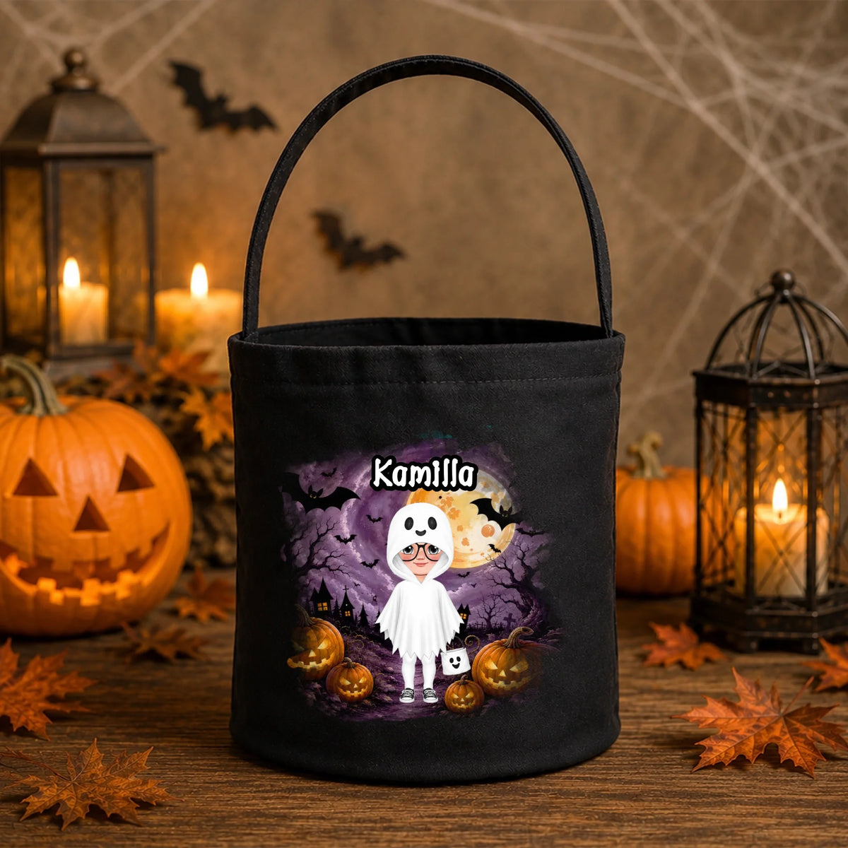 Ajándék halloweeni cukorkagyűjtő zsák gyerekeknek személyre szabható karakterrel