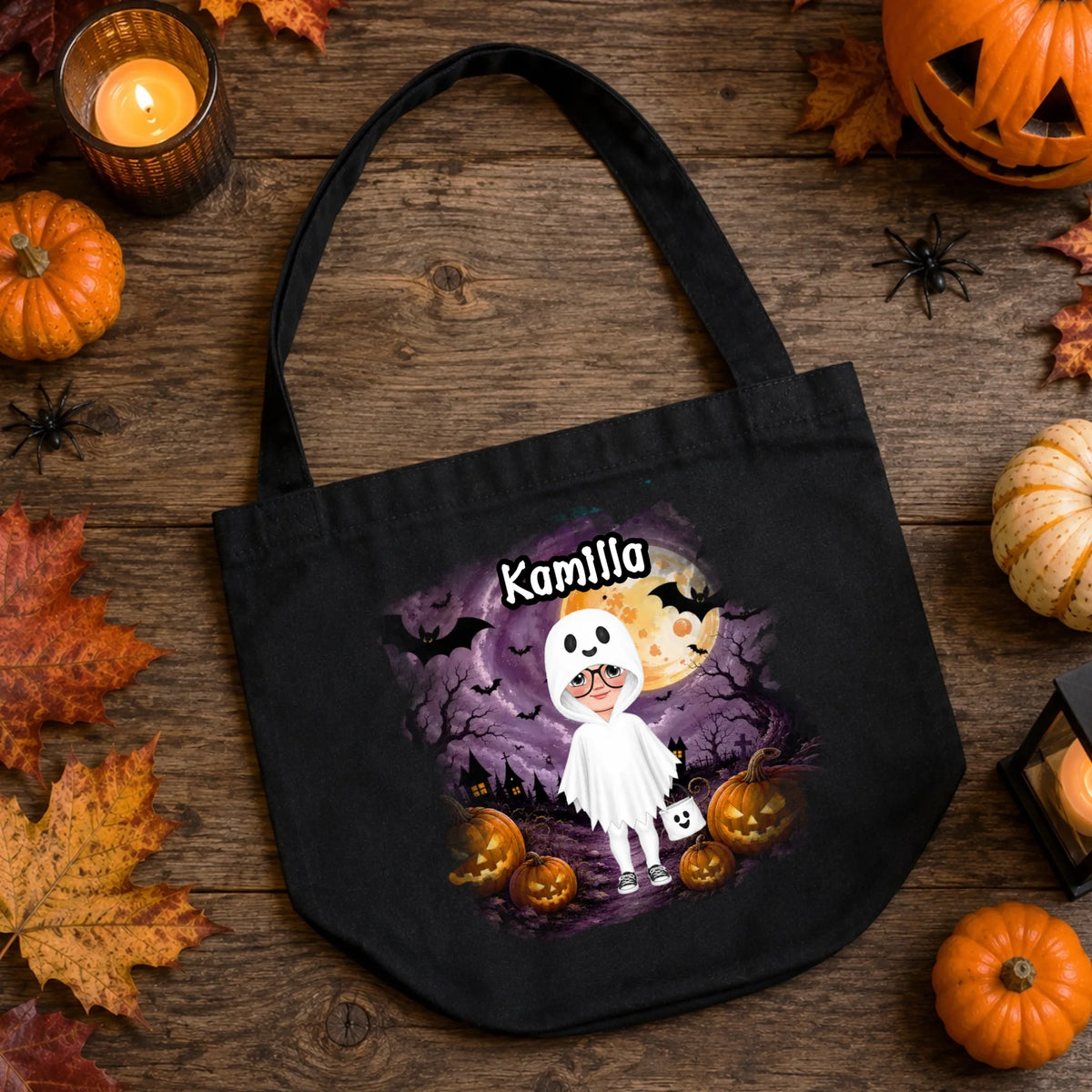 Ajándék halloweeni cukorkagyűjtő zsák gyerekeknek személyre szabható karakterrel